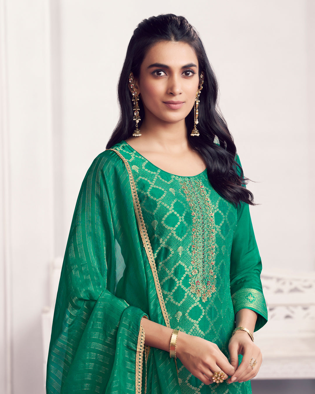 Jade Glow Embellished Chiniya Silk Pant Set