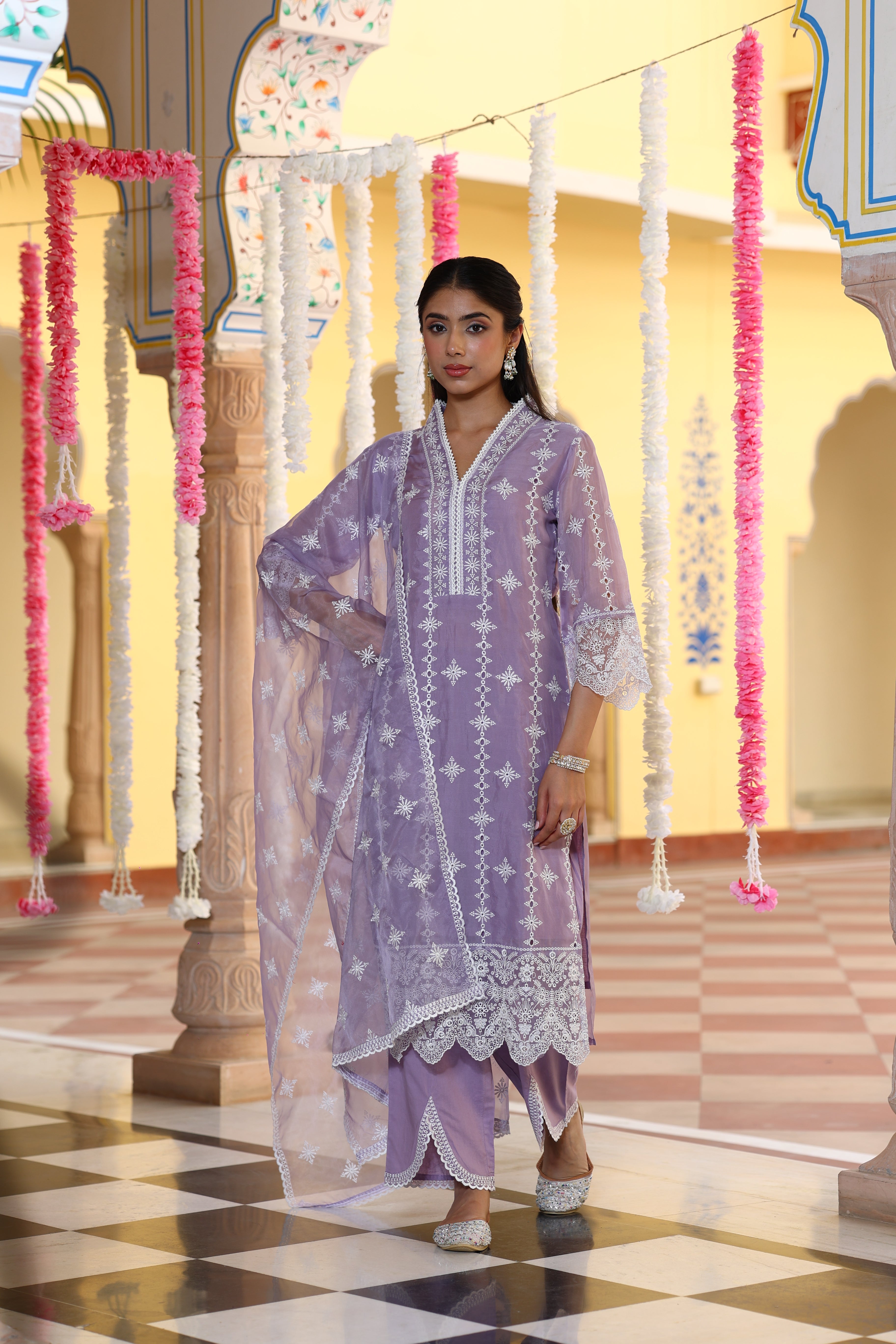 Lilac Chikankari Organza Silk Kurta Set