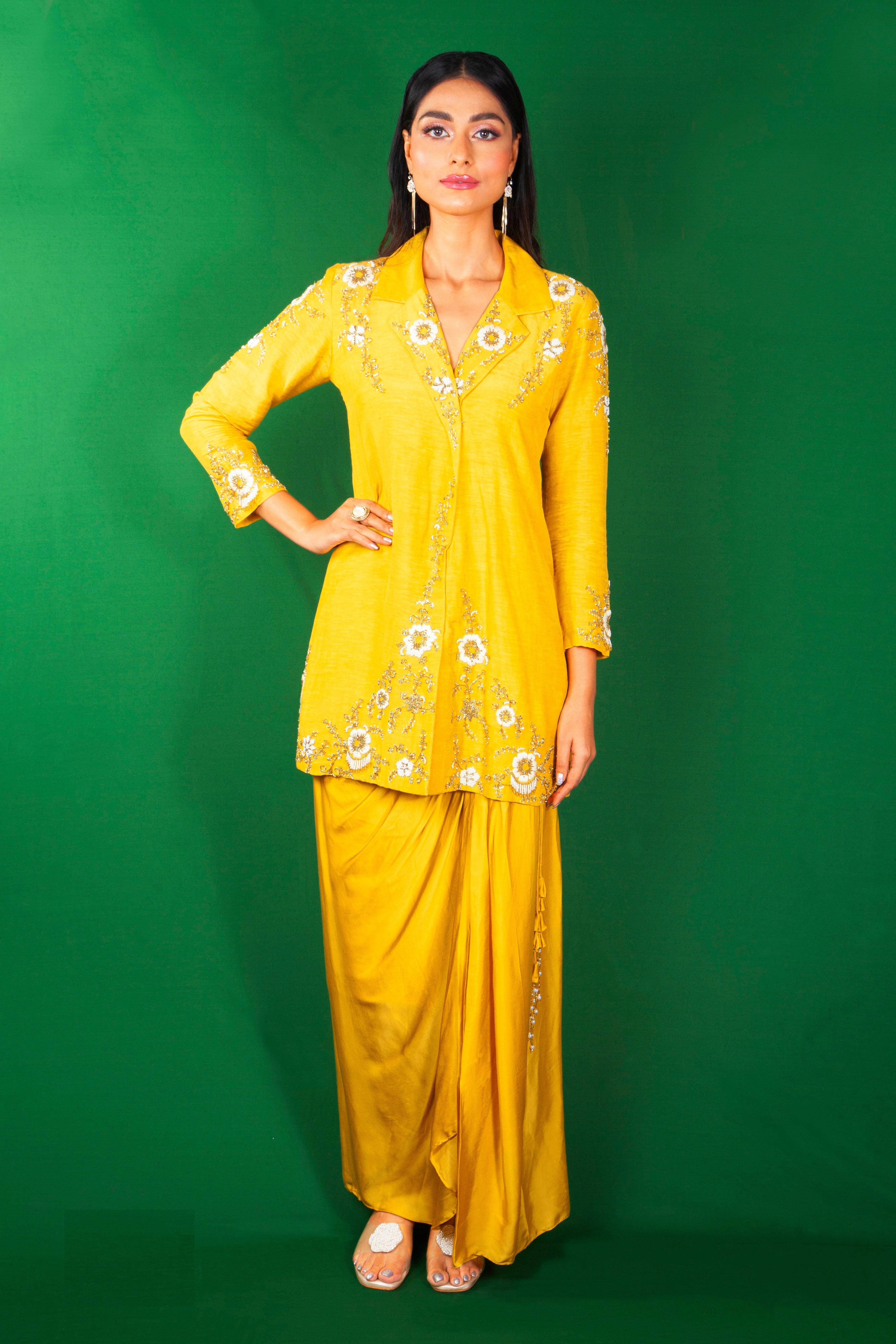 Bright Yellow Embellished Satin Silk Skirt Set