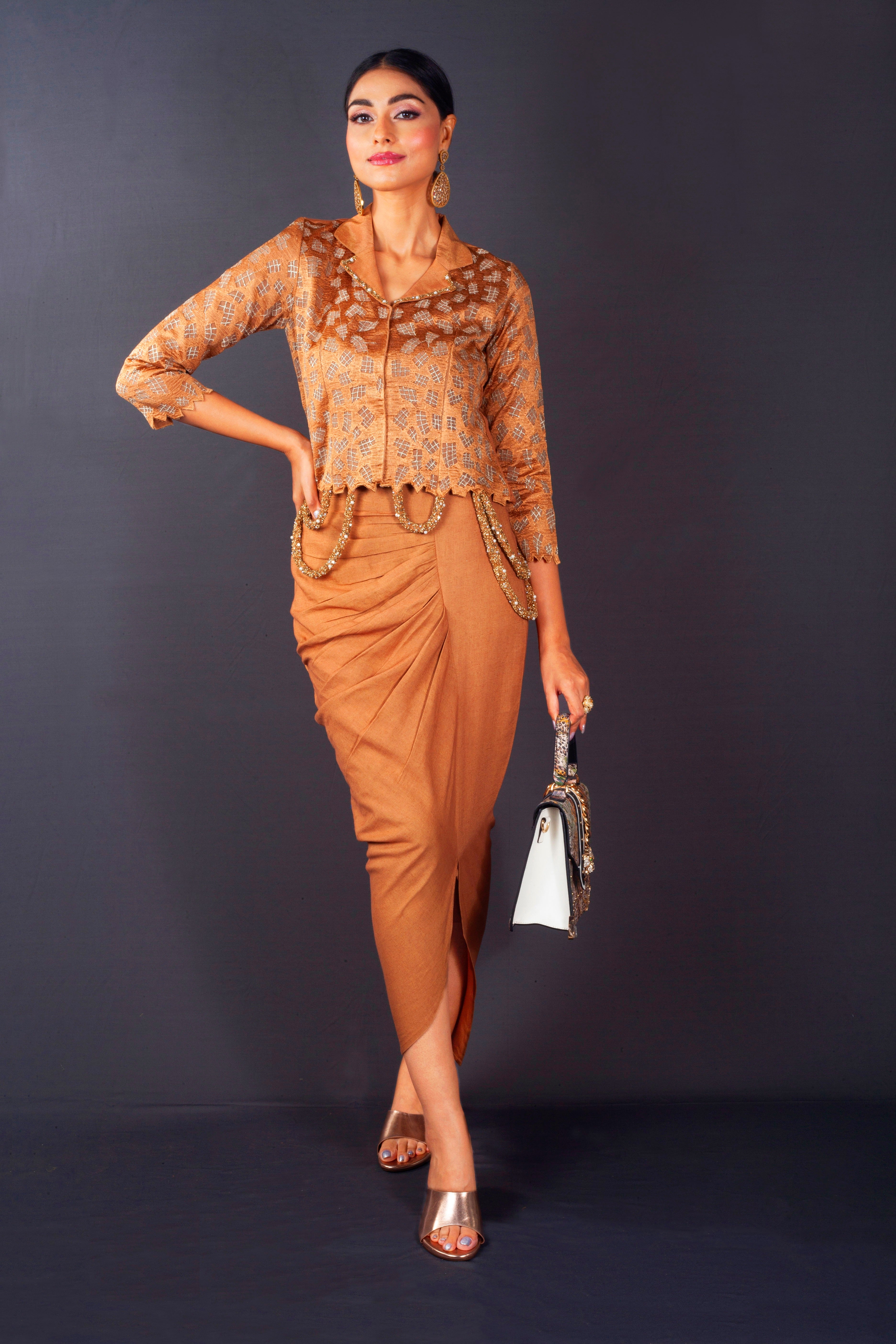 Rust Orange Embellished Satin Silk Skirt Set