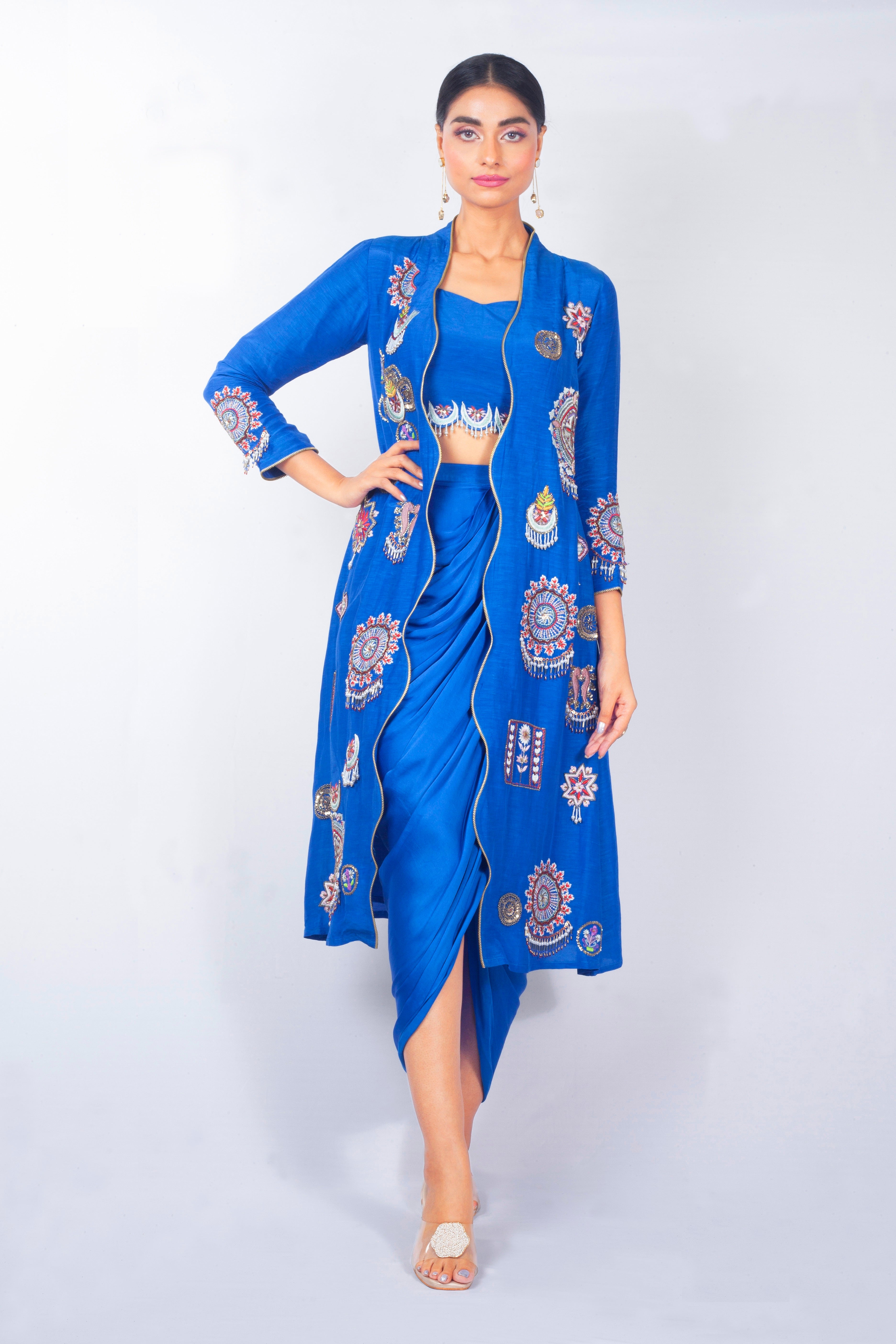 Royal Blue Embellished Raw Silk Long Jacket Set