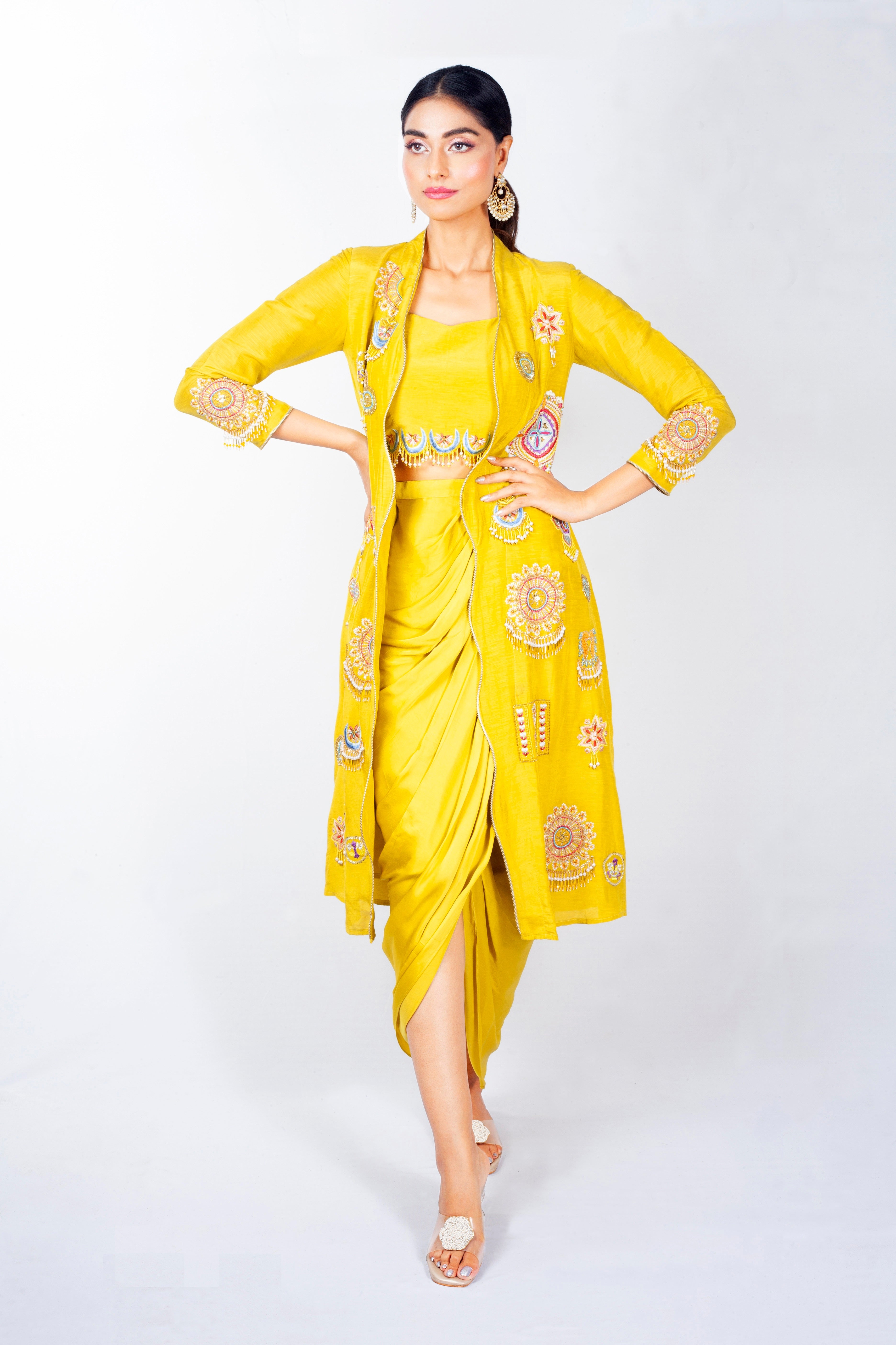 Sunshine Yellow Embellished Raw Silk Long Jacket Set