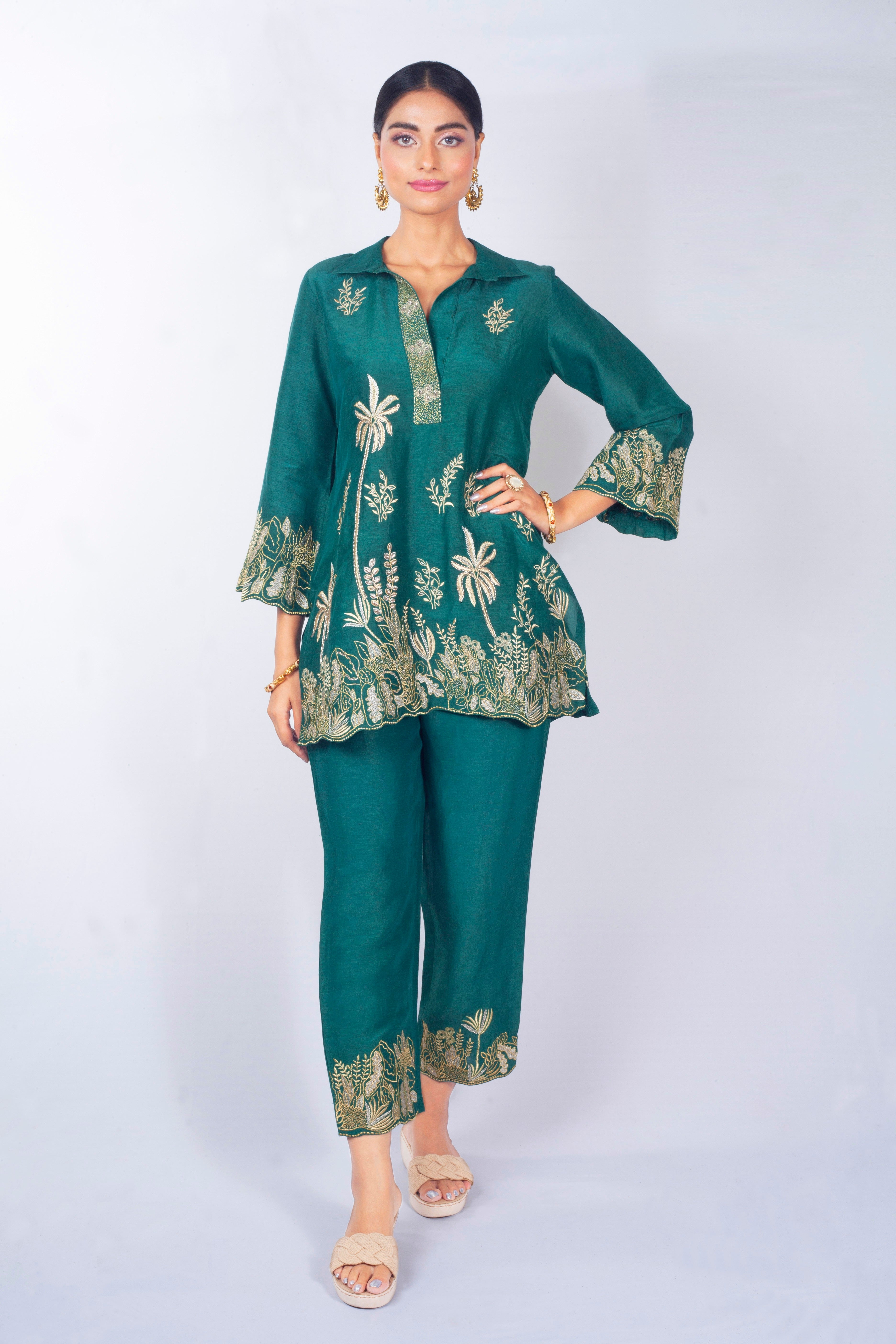 Teal Green Embroidered Raw Silk Co-Ord Set