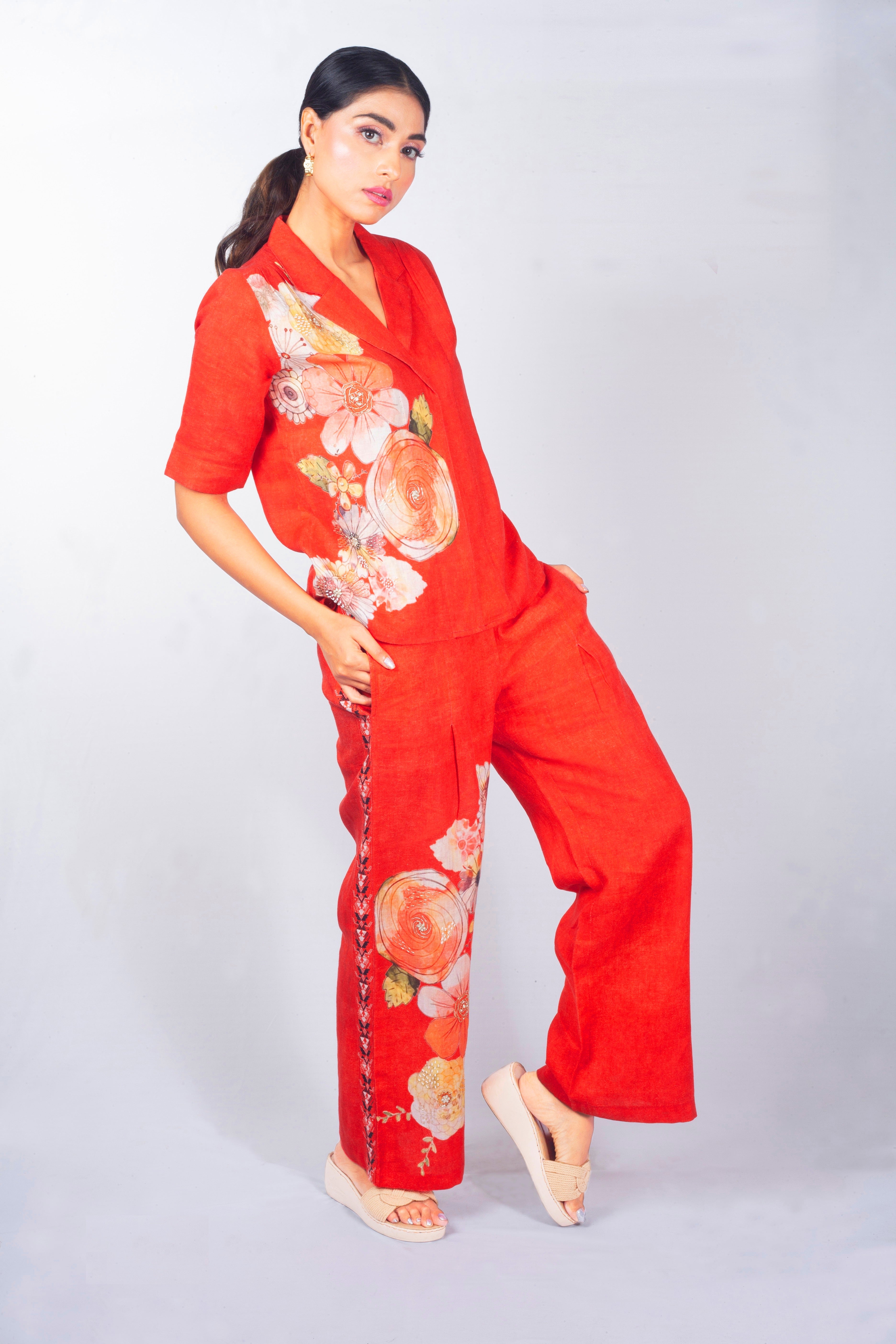 Brick Red Printed Raw Silk Co-Ord Set