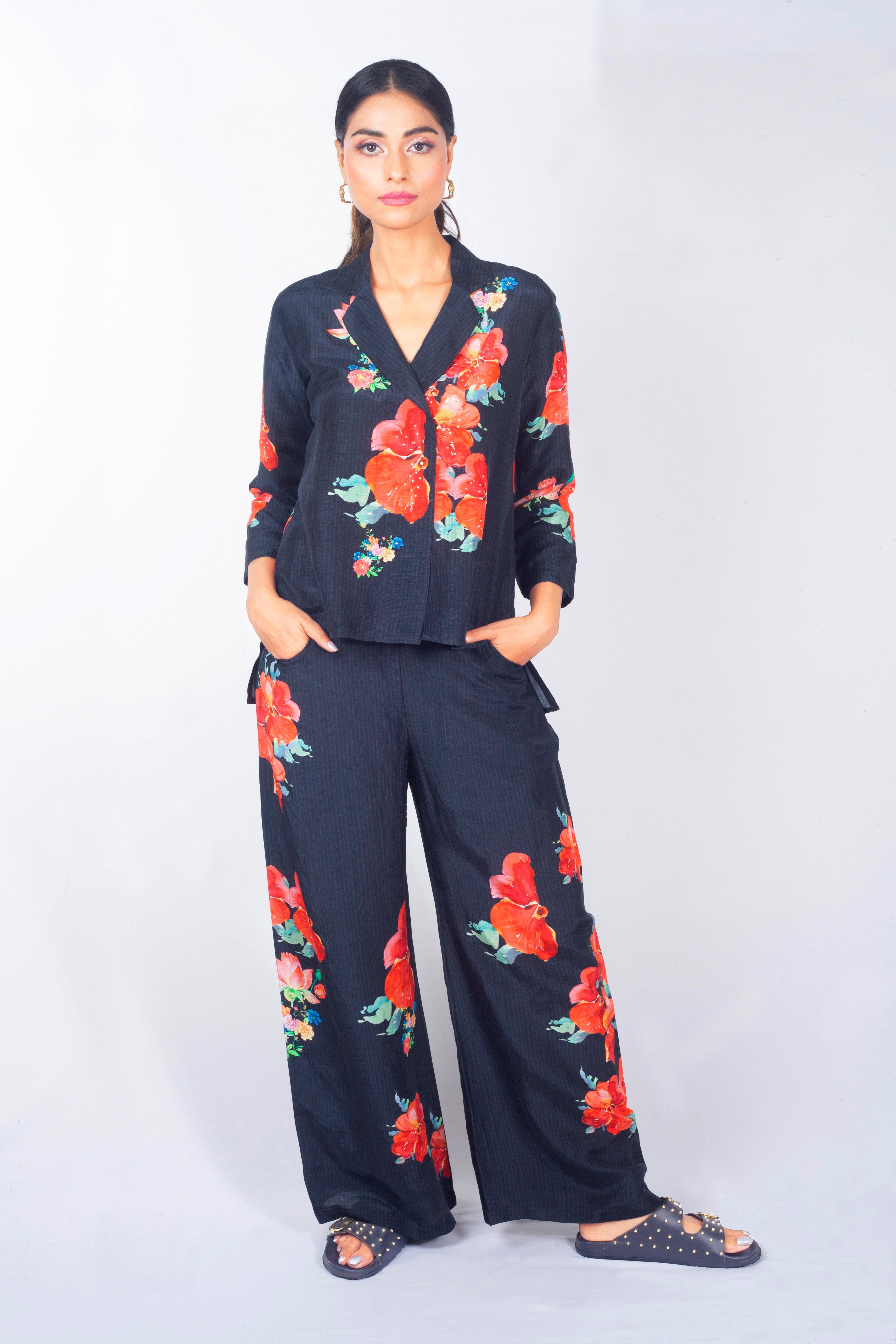 Navy Blue Printed Linen Silk Co-Ord Set