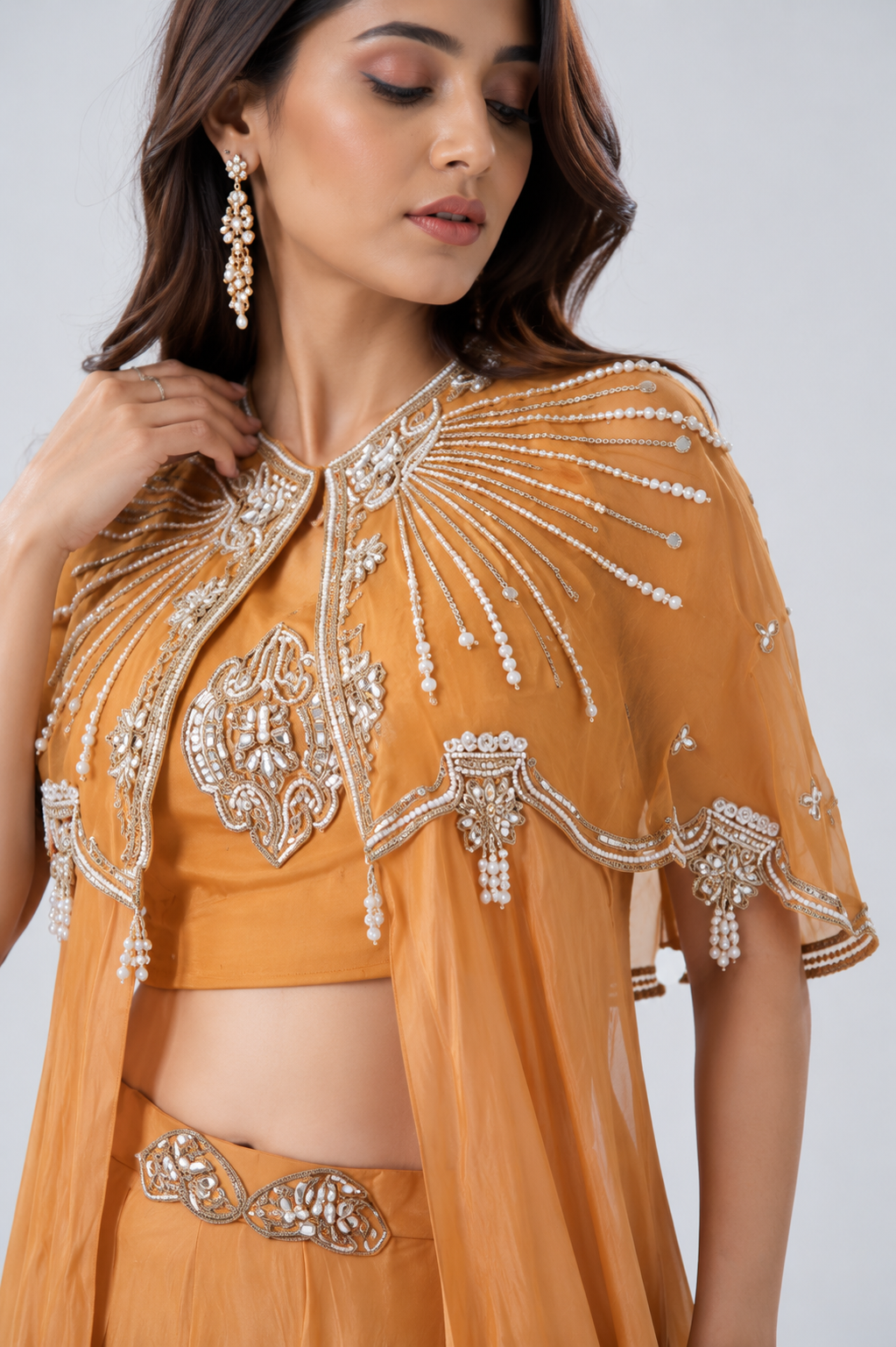 Light Orange Embellished Crepe Silk Skirt Set