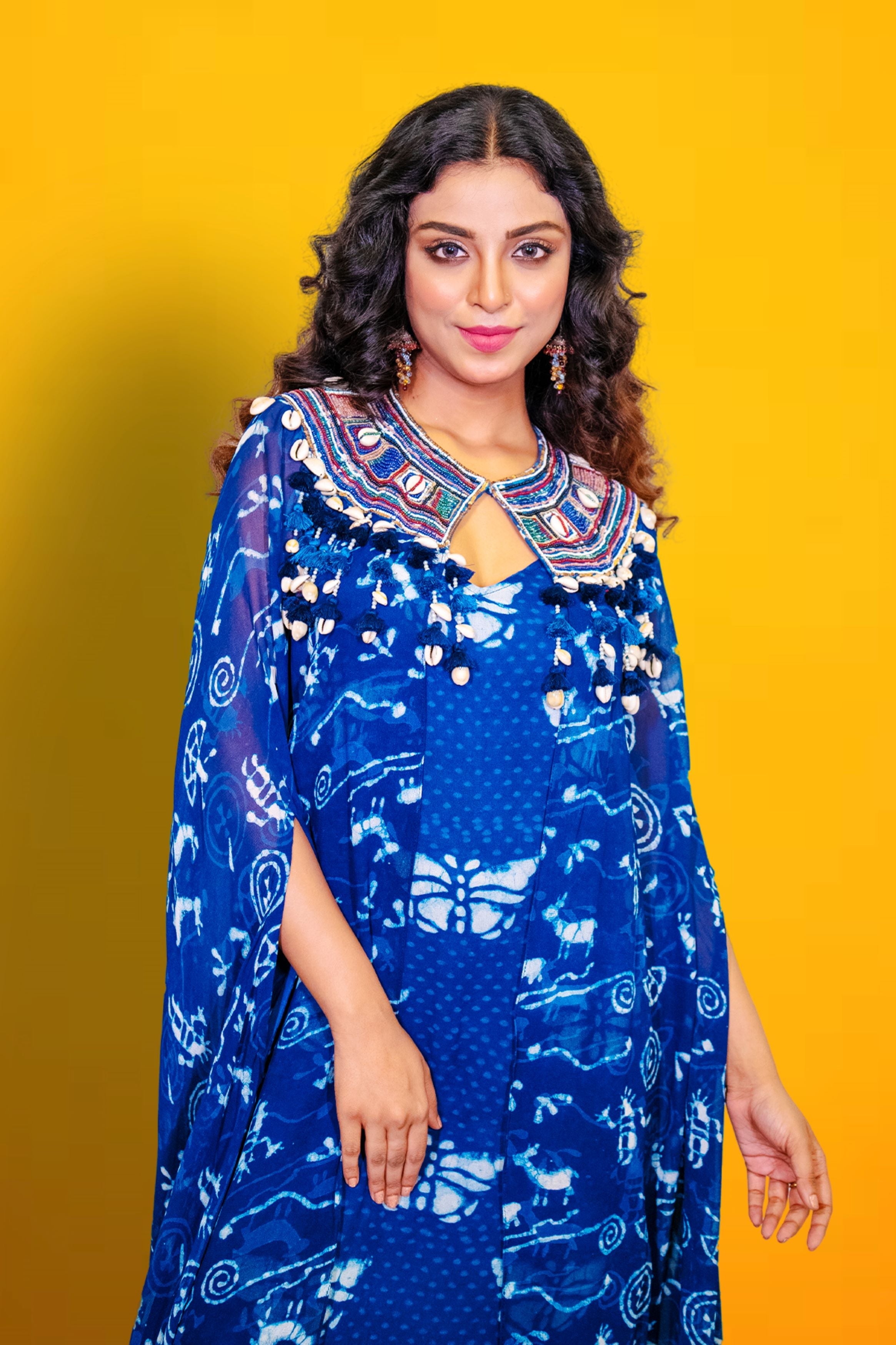 Blue Digital Printed Georgette Silk Cape Gown