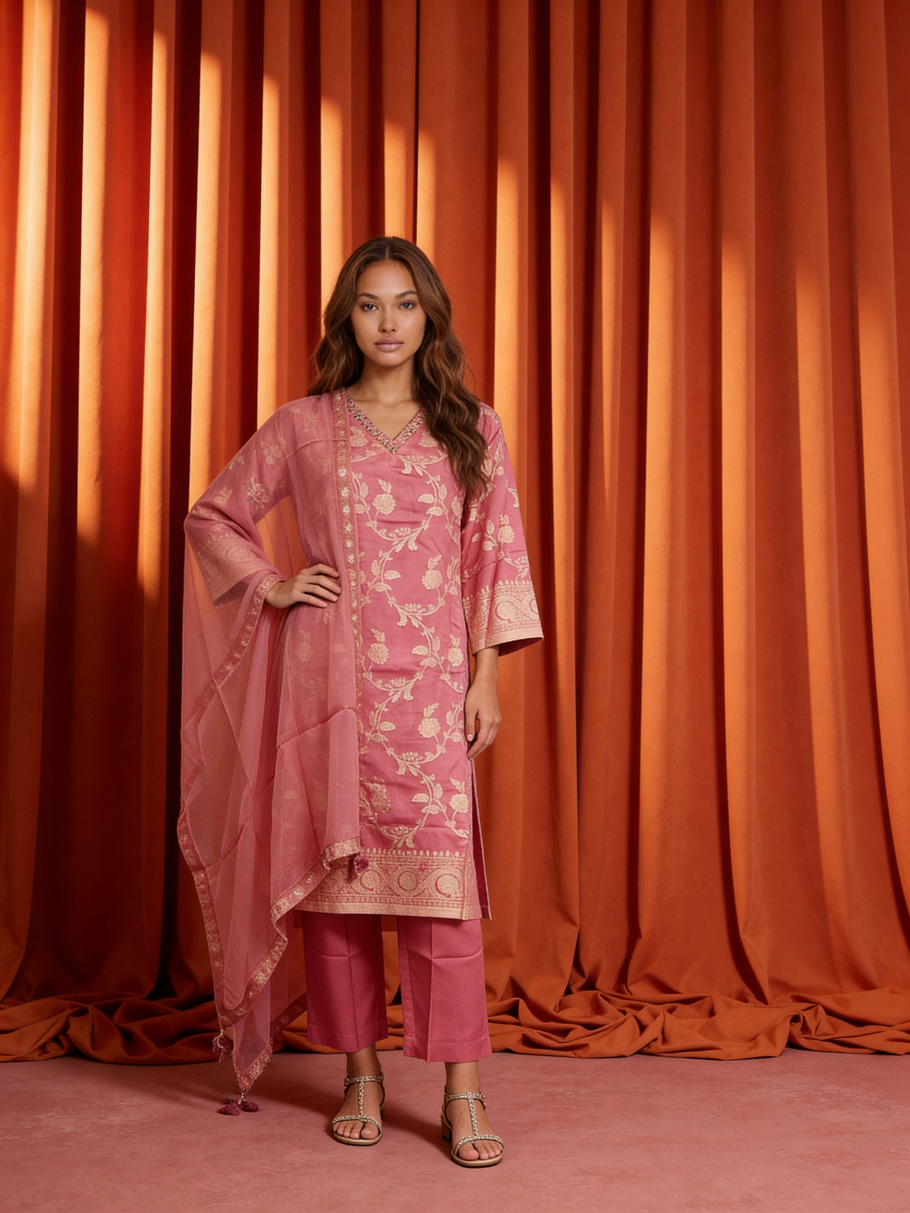 Pink Embellished Brocade Silk Kurta Set