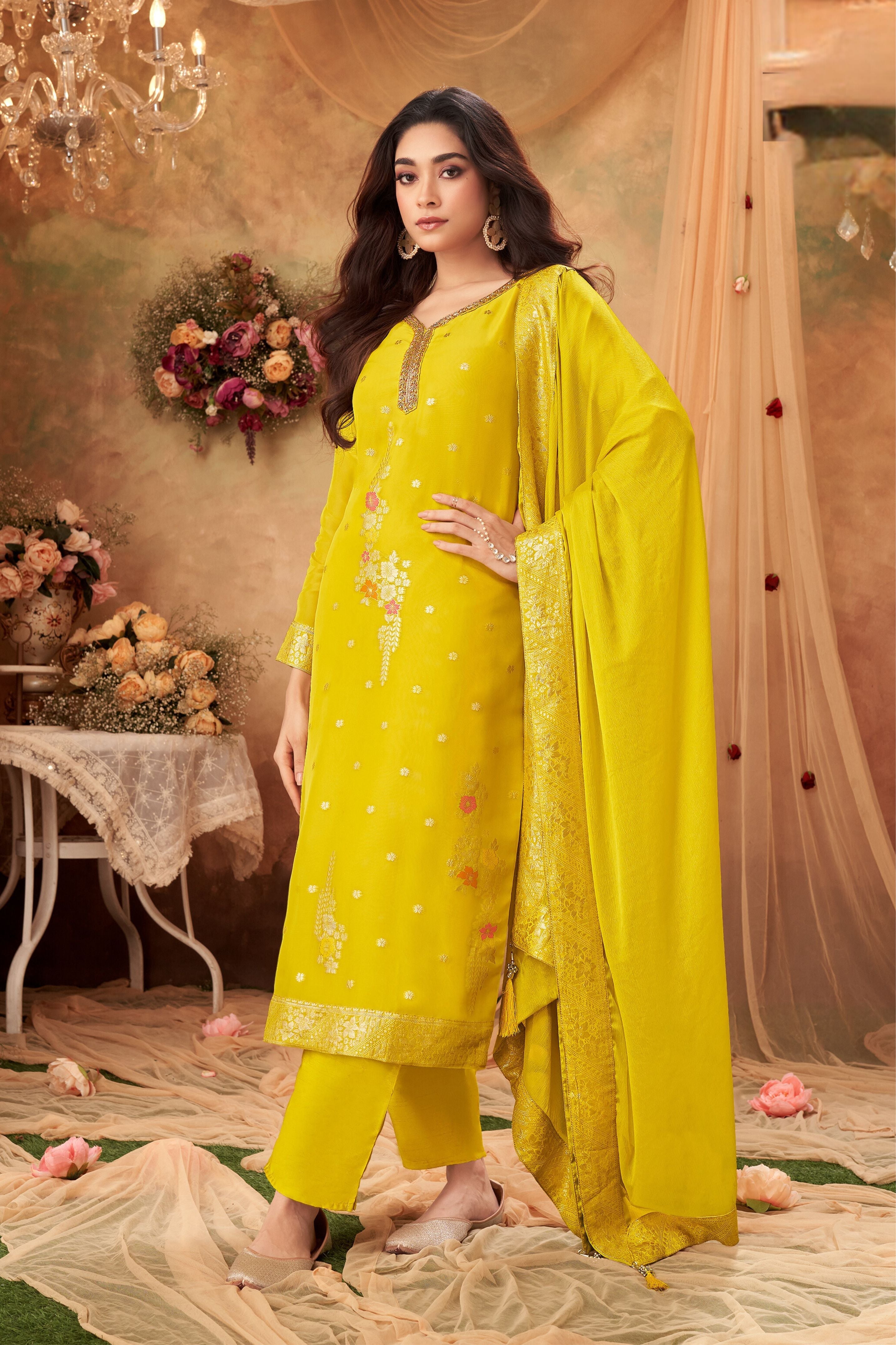 Light Yellow Embellished Premium Organza Silk Pants Set