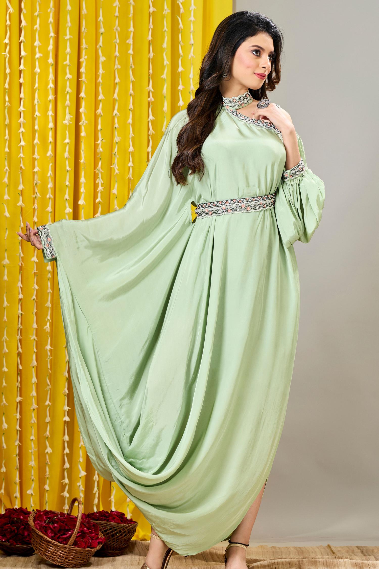 Pastel Green Embellished Crepe Silk Draped Gown