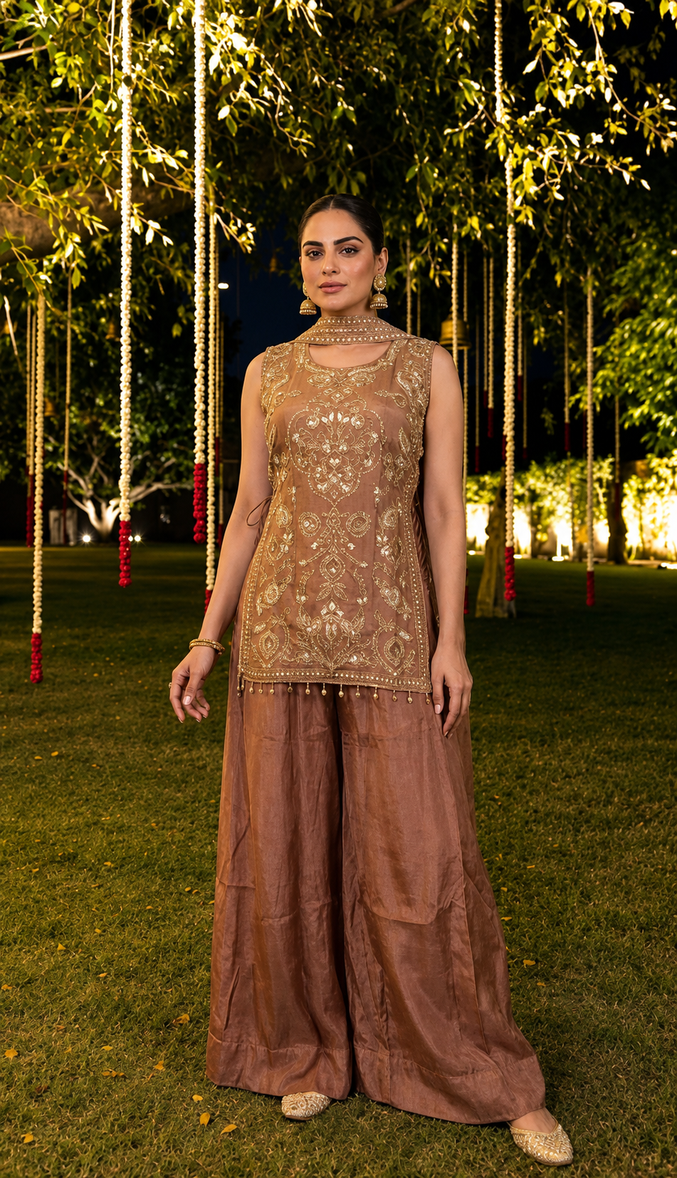 Peach Dust Embellished Shimmer Silk Palazzo Set