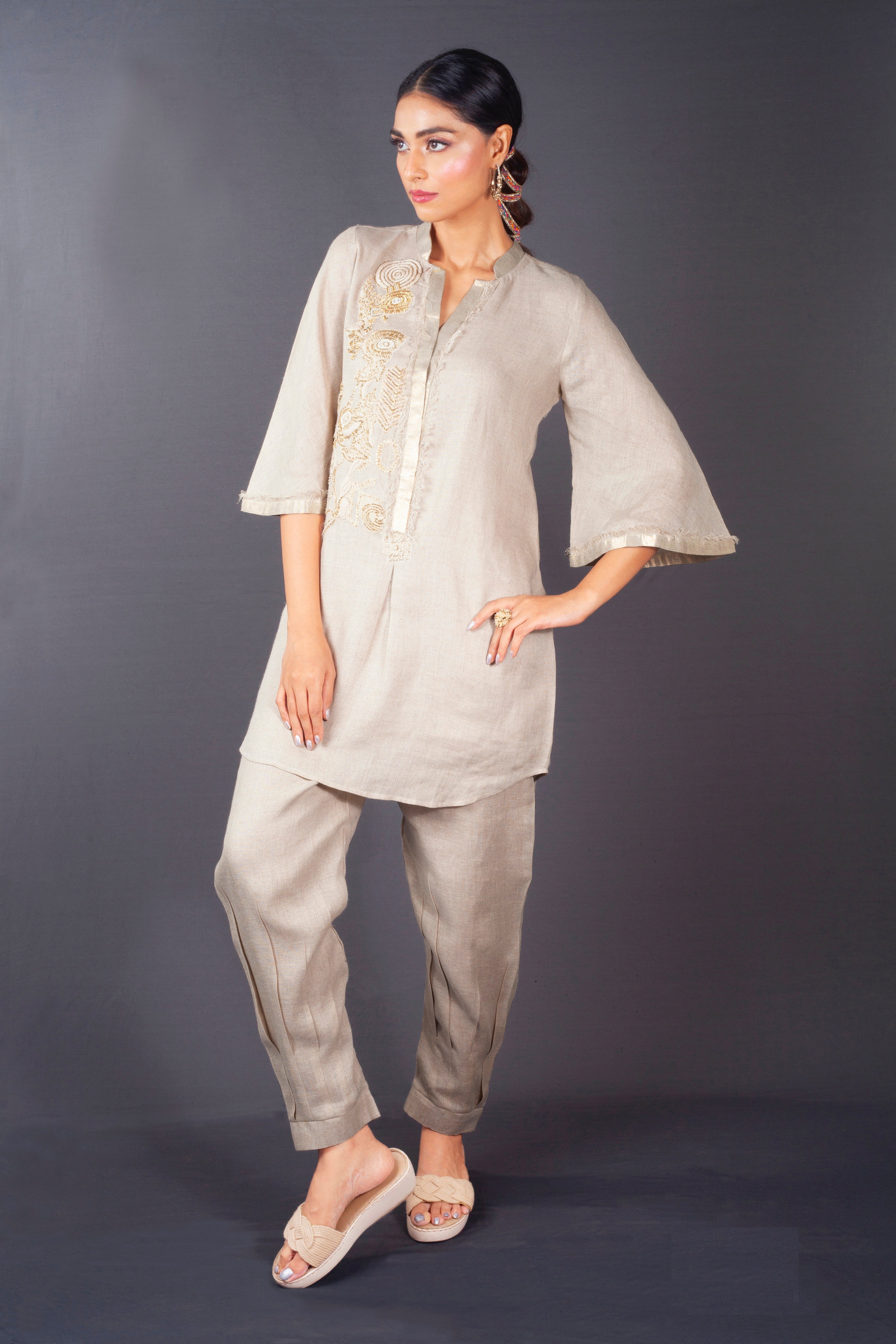 Taupe Grey Embellished Raw Silk Co-Ord Set