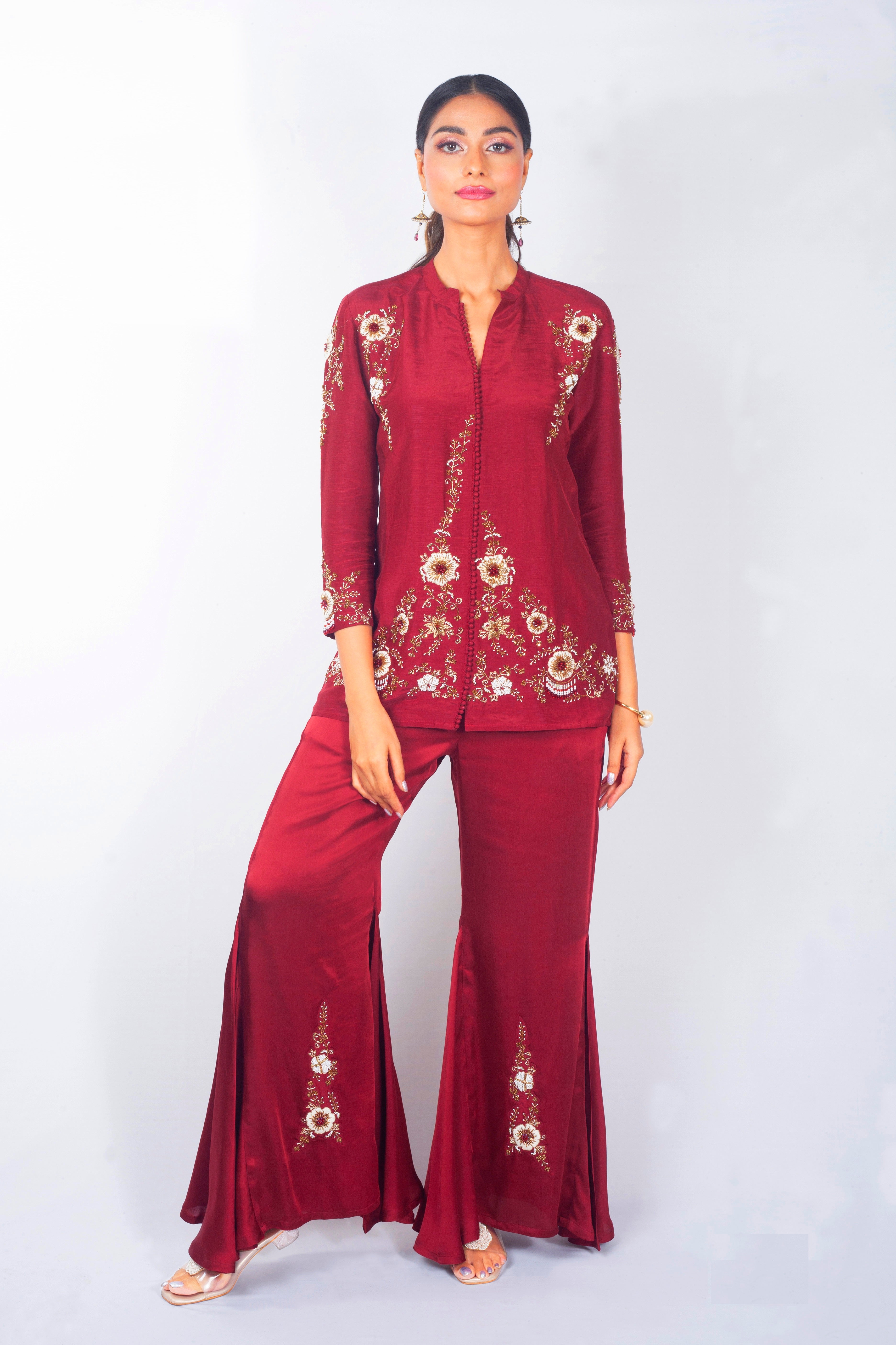 Dark Red Embellished Satin Silk Co-Ord Set