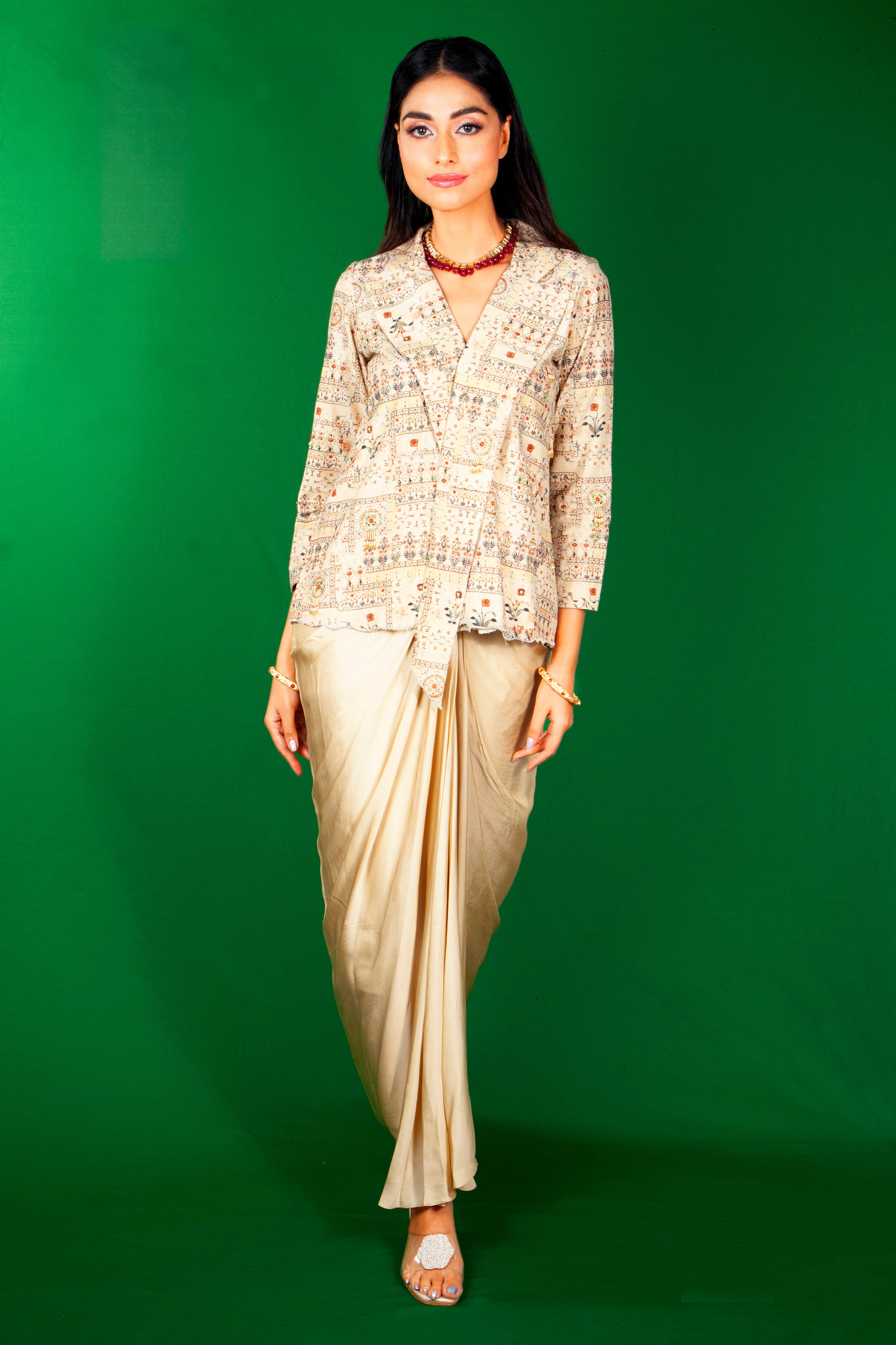 Champagne Beige Embellished Satin Silk Drape Skirt Set