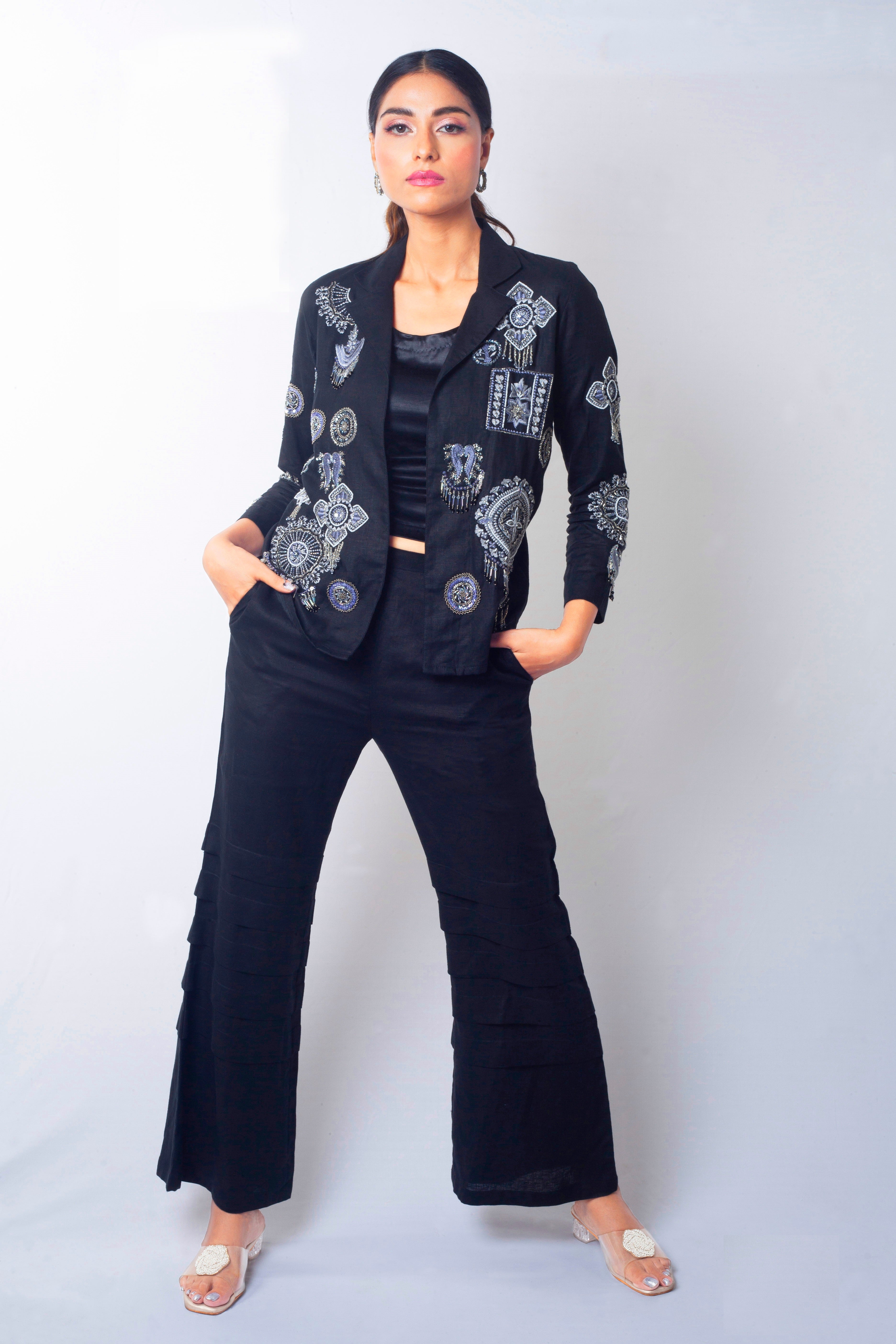 Classic Black Embellished Raw Silk Co-Ord Set