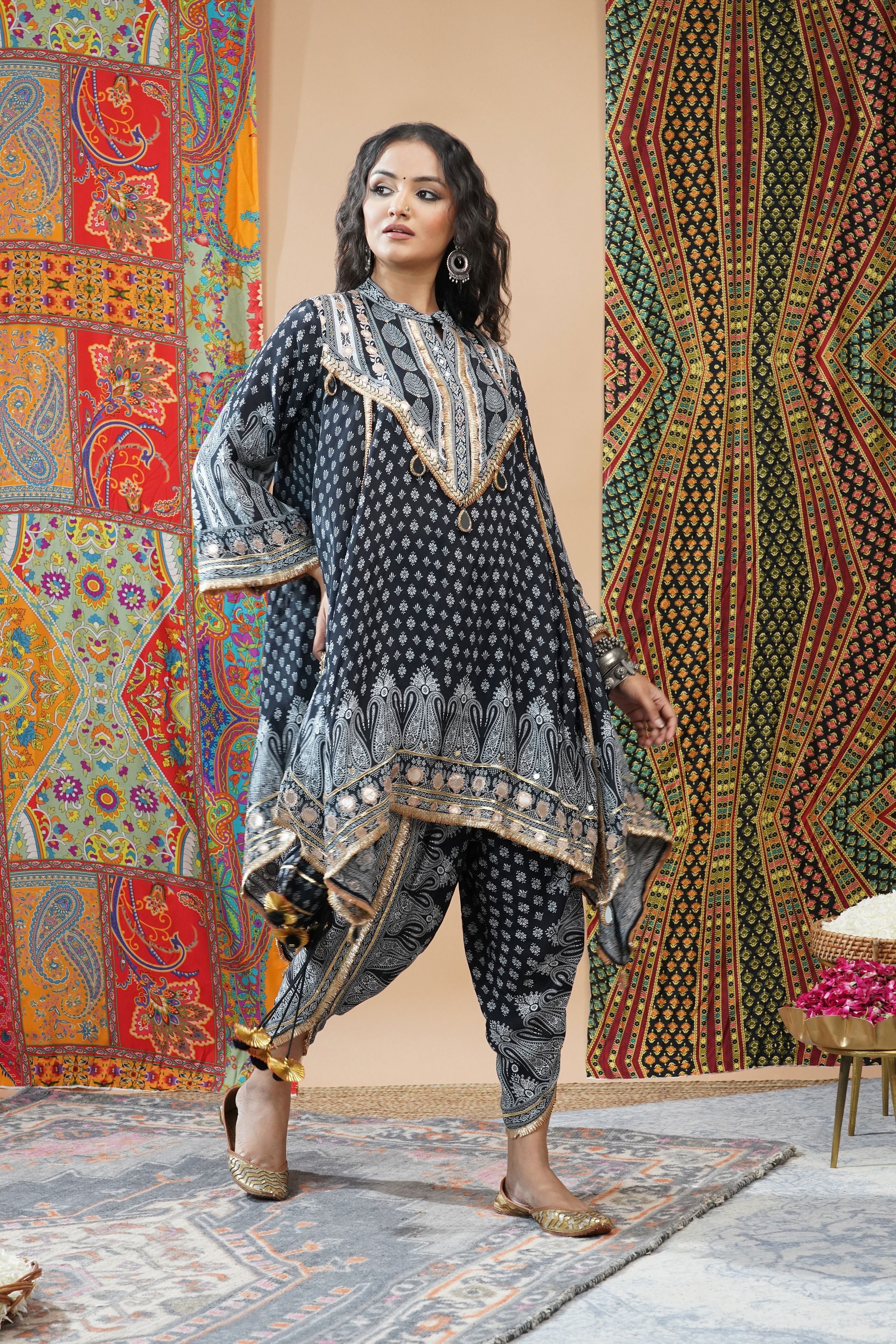 Black Ethnic Printed Crepe Silk Dhoti Set