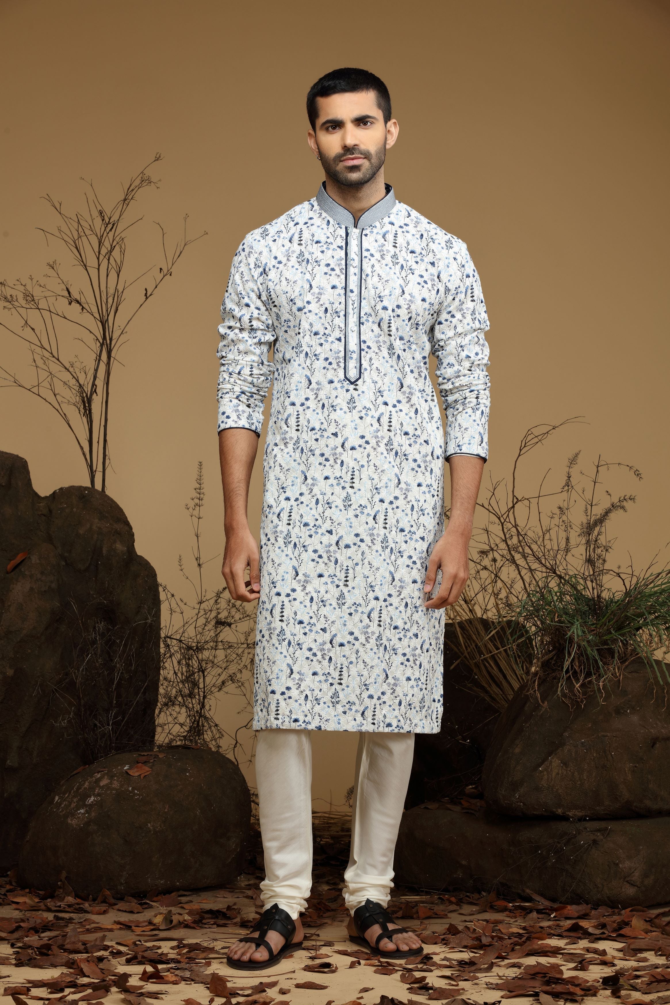 White Blue Floral Printed Cotton Kurta Set  Designed by Kora (Nilesh Mitesh)