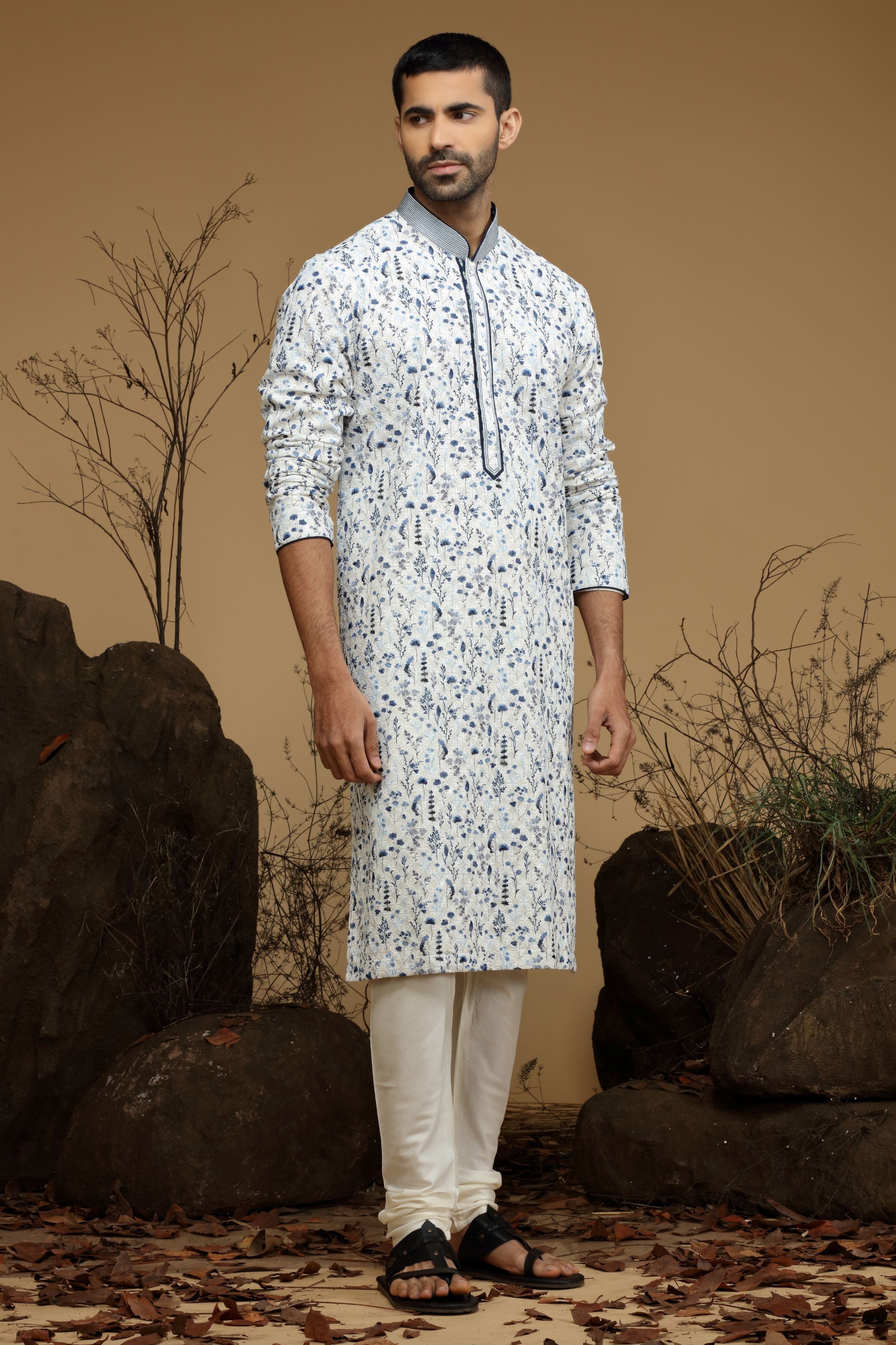 White Blue Floral Printed Cotton Kurta Set  Designed by Kora (Nilesh Mitesh)