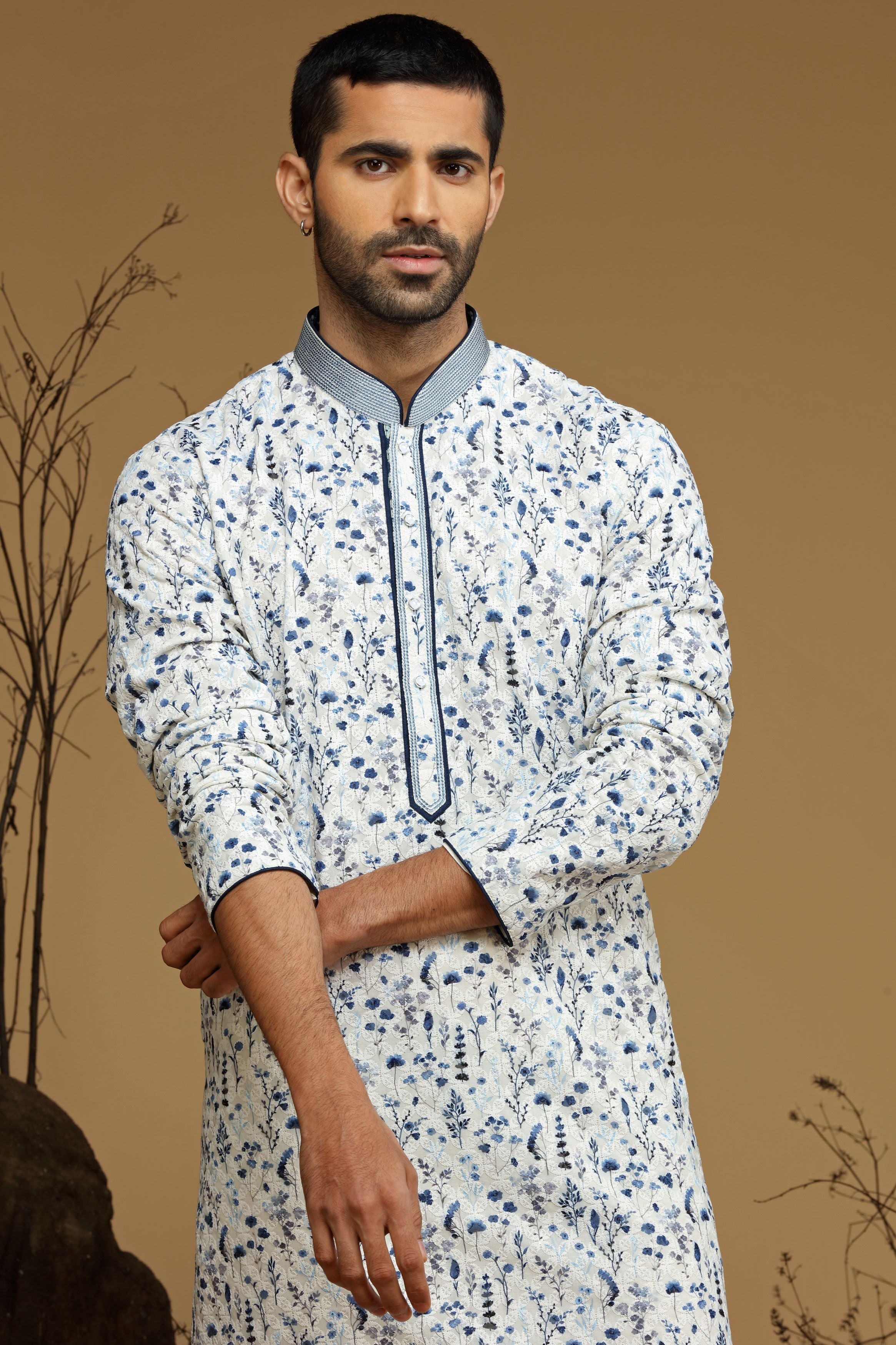 White Blue Floral Printed Cotton Kurta Set  Designed by Kora (Nilesh Mitesh)