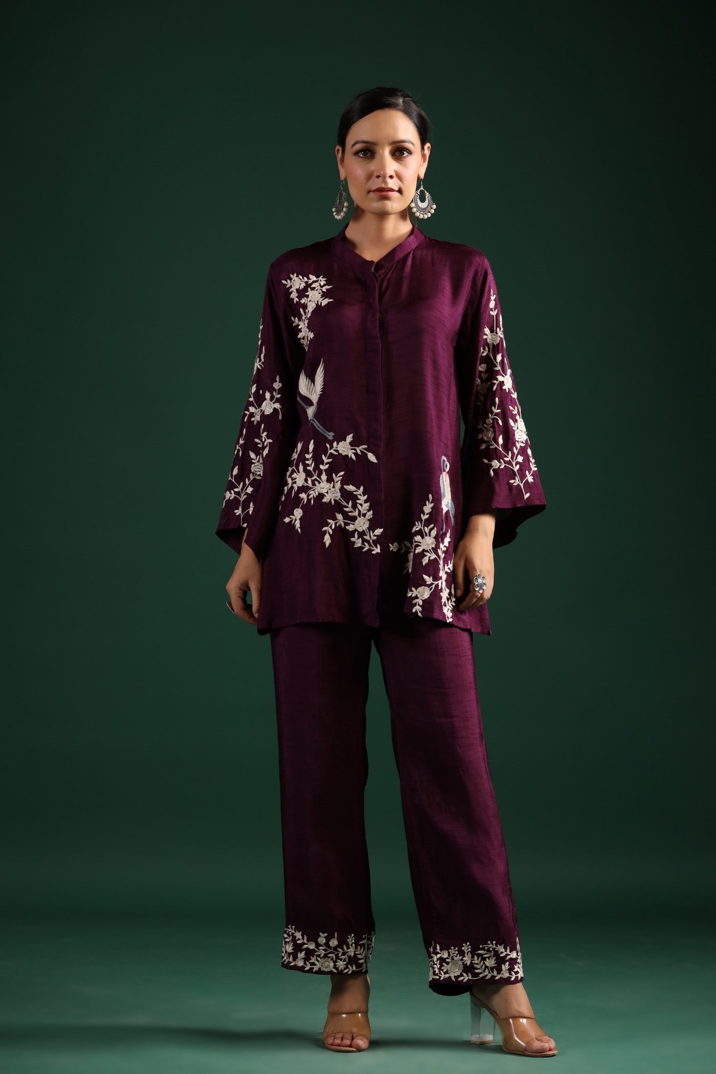Wine Floral Embroidered Co-Ord Set