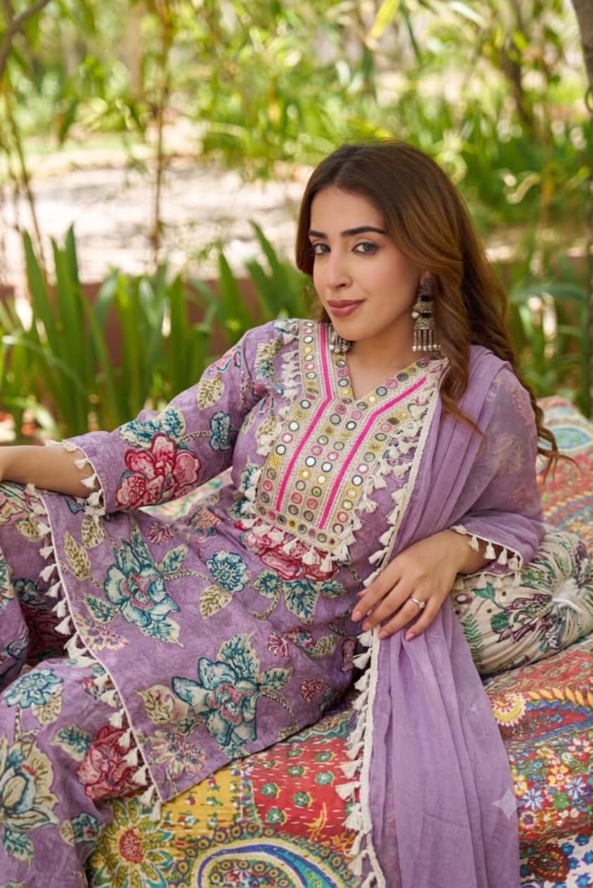 Lilac Blossom Embellished Cotton Pant Set