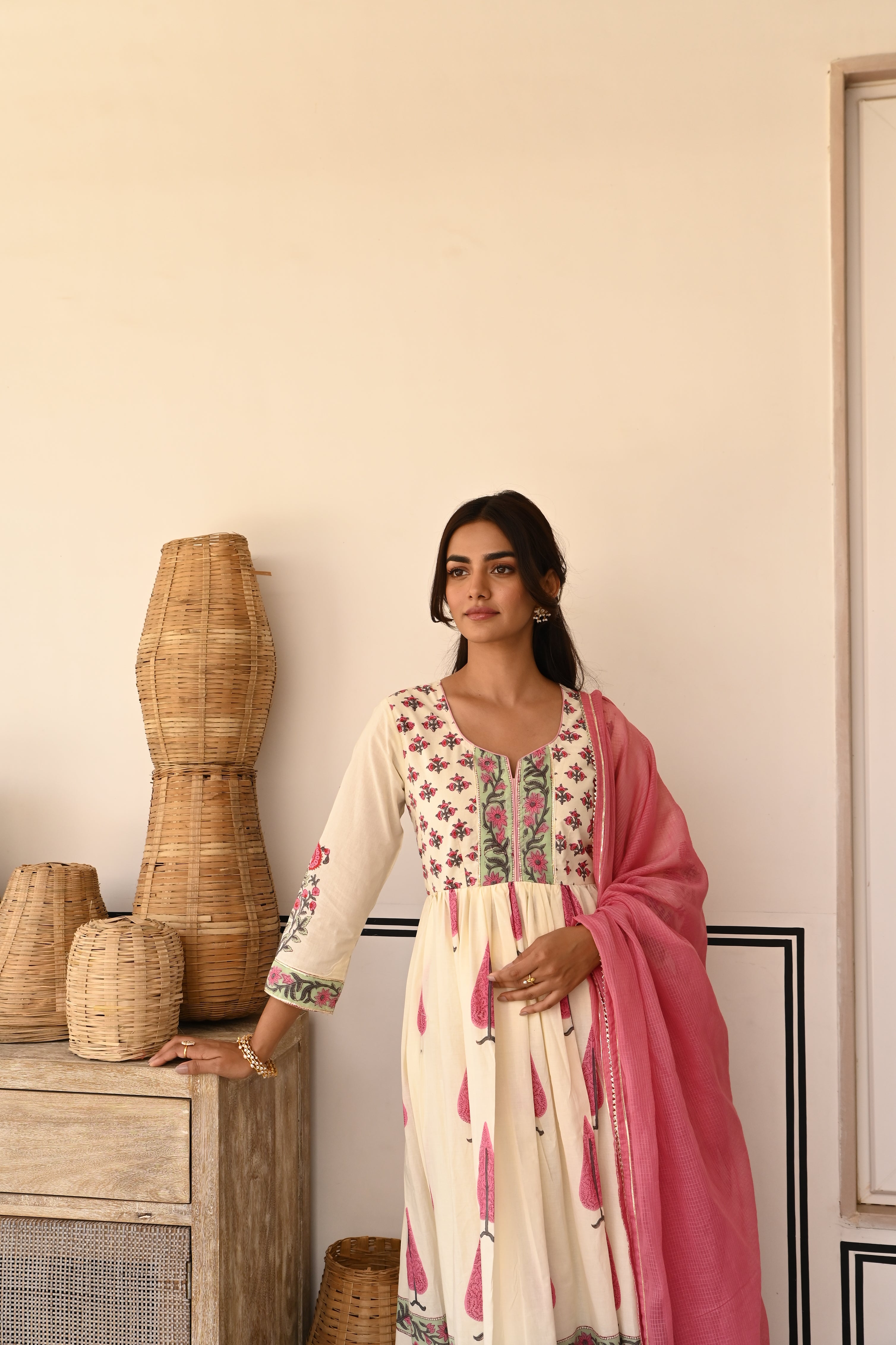 Rose Pink Printed Cotton Anarkali Set