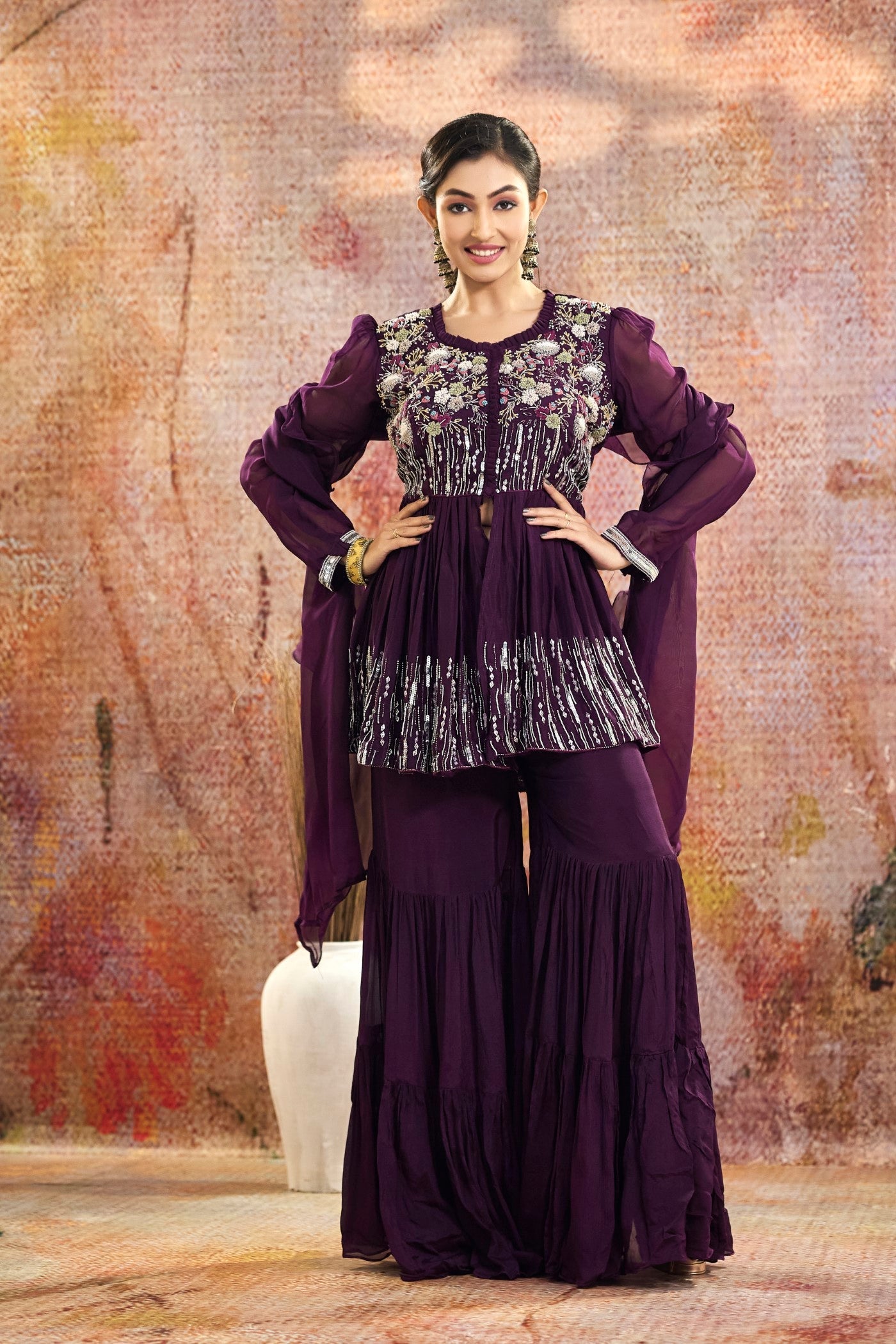 Purple Embellished Pure Crepe Silk Sharara Set