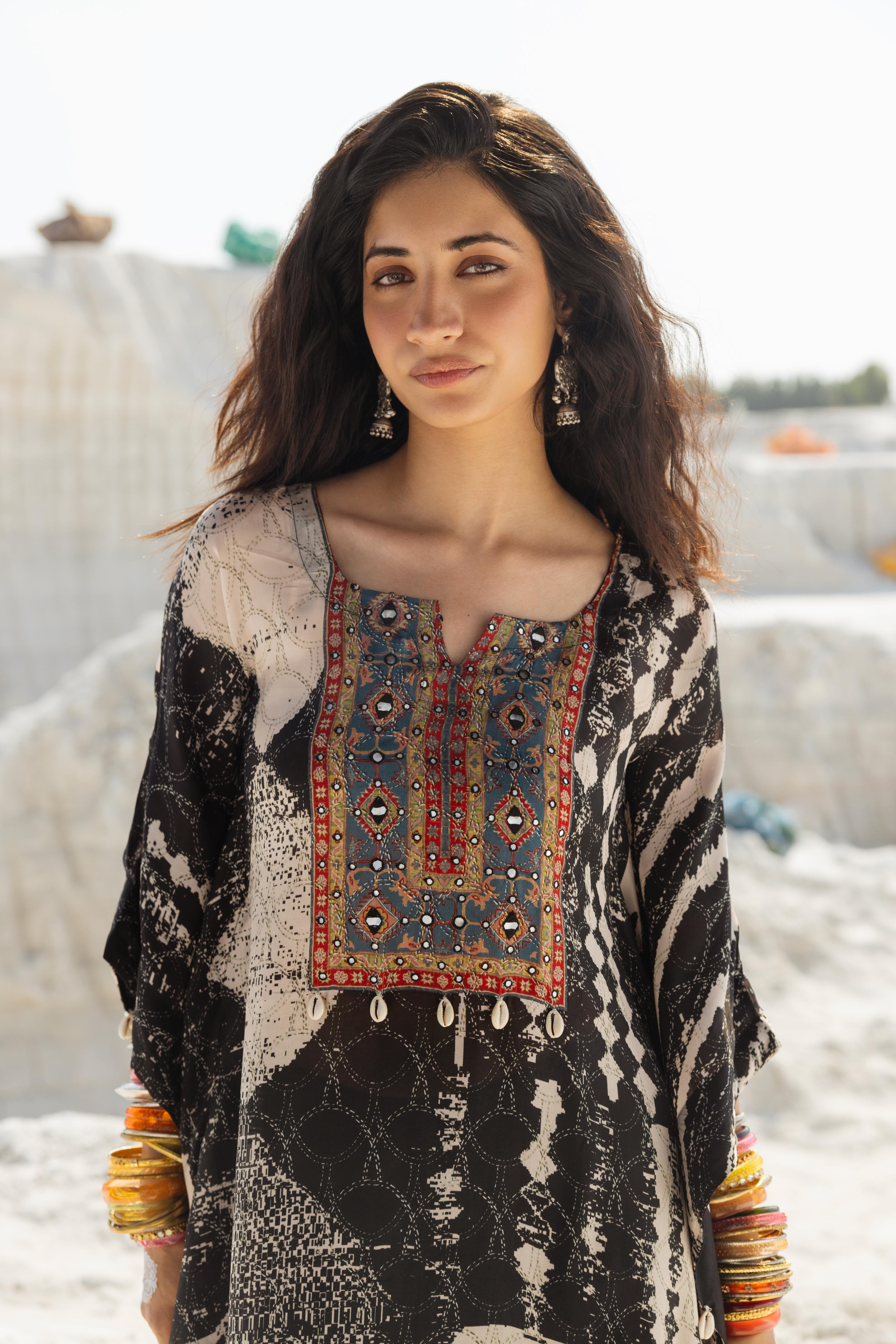 Charcoal Black Ikat Printed Muslin Silk Kaftan Set