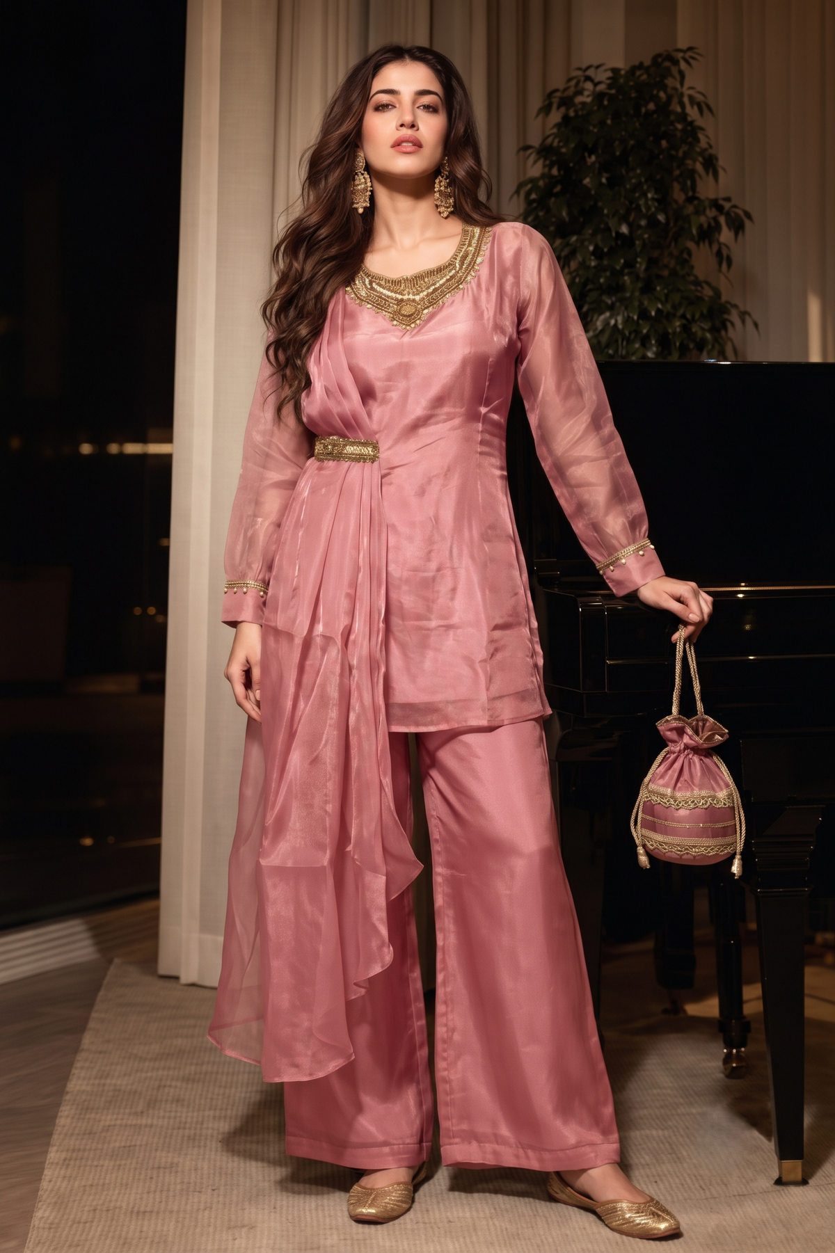 Magenta Pink Embellished Shimmer Silk Co-Ord Set