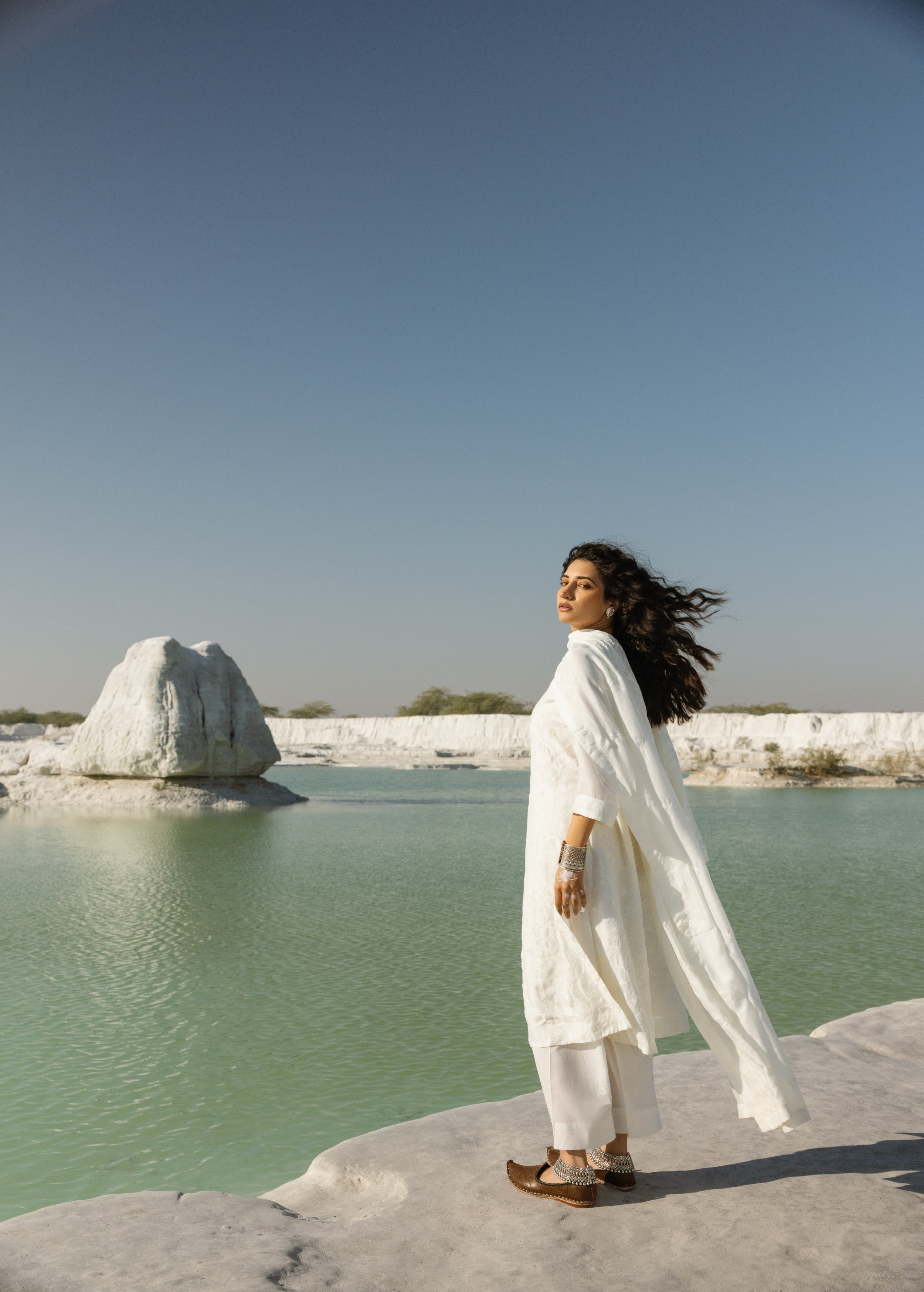 White Embroidered Mul-Chanderi Silk Pant Set