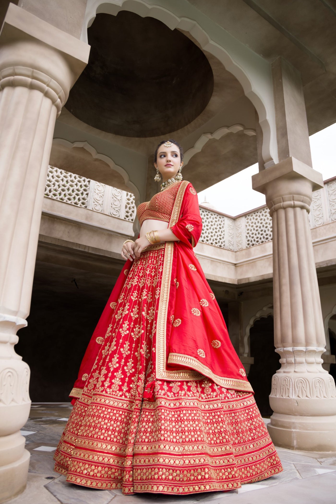 Red Embroidered Muga Silk Lehenga Set