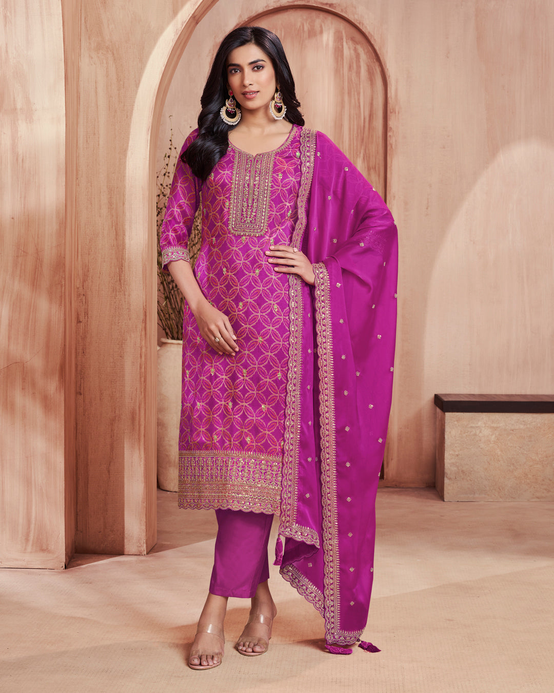 Plum Regal Embellished Dola Silk Pant Set