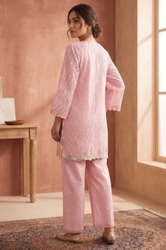 Pastel Pink Schiffli Embroidered Cotton Kurta Set