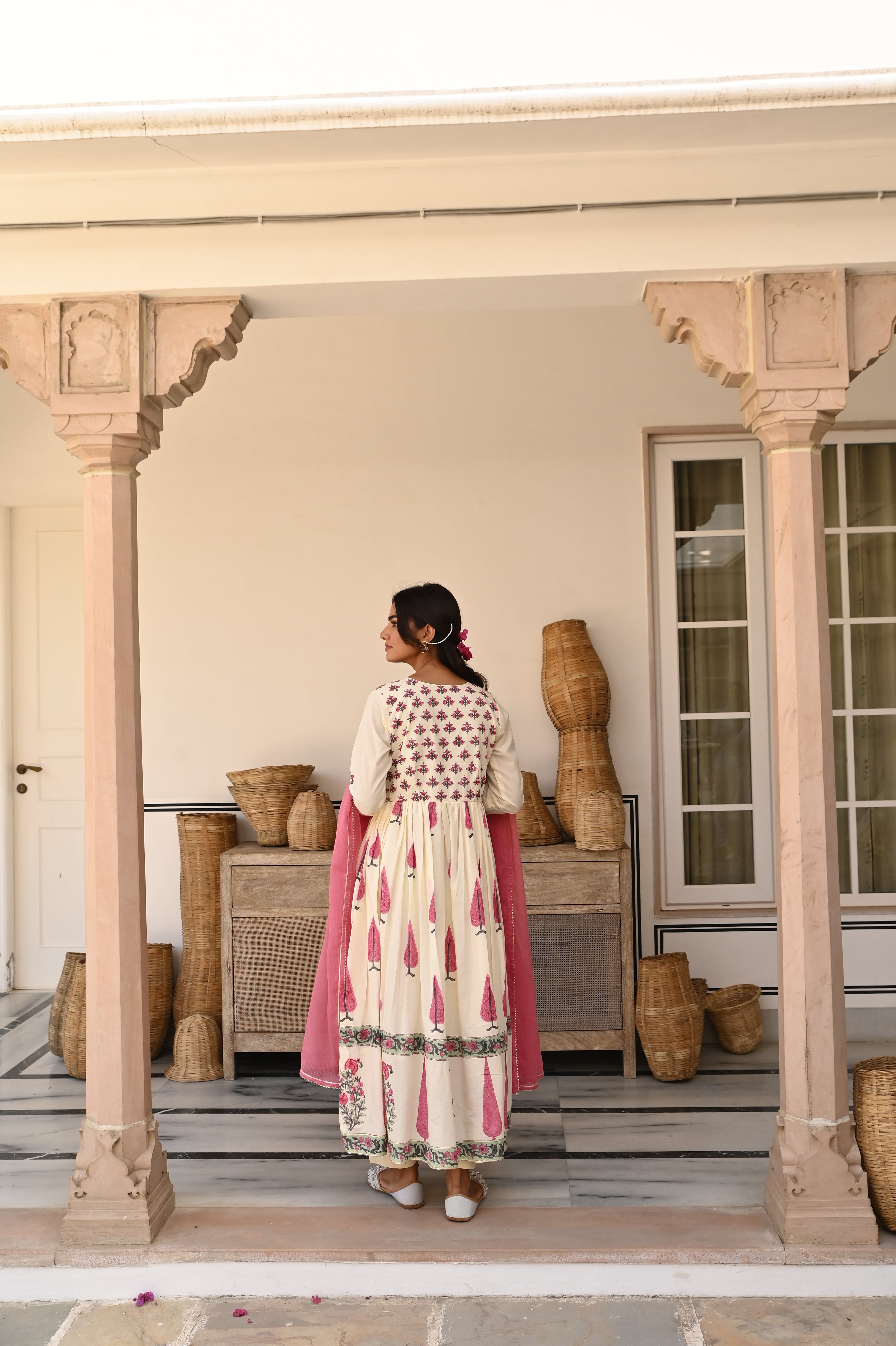 Rose Pink Printed Cotton Anarkali Set