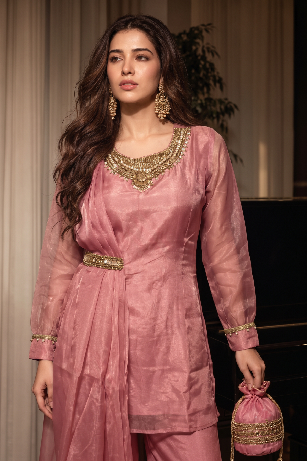 Magenta Pink Embellished Shimmer Silk Co-Ord Set