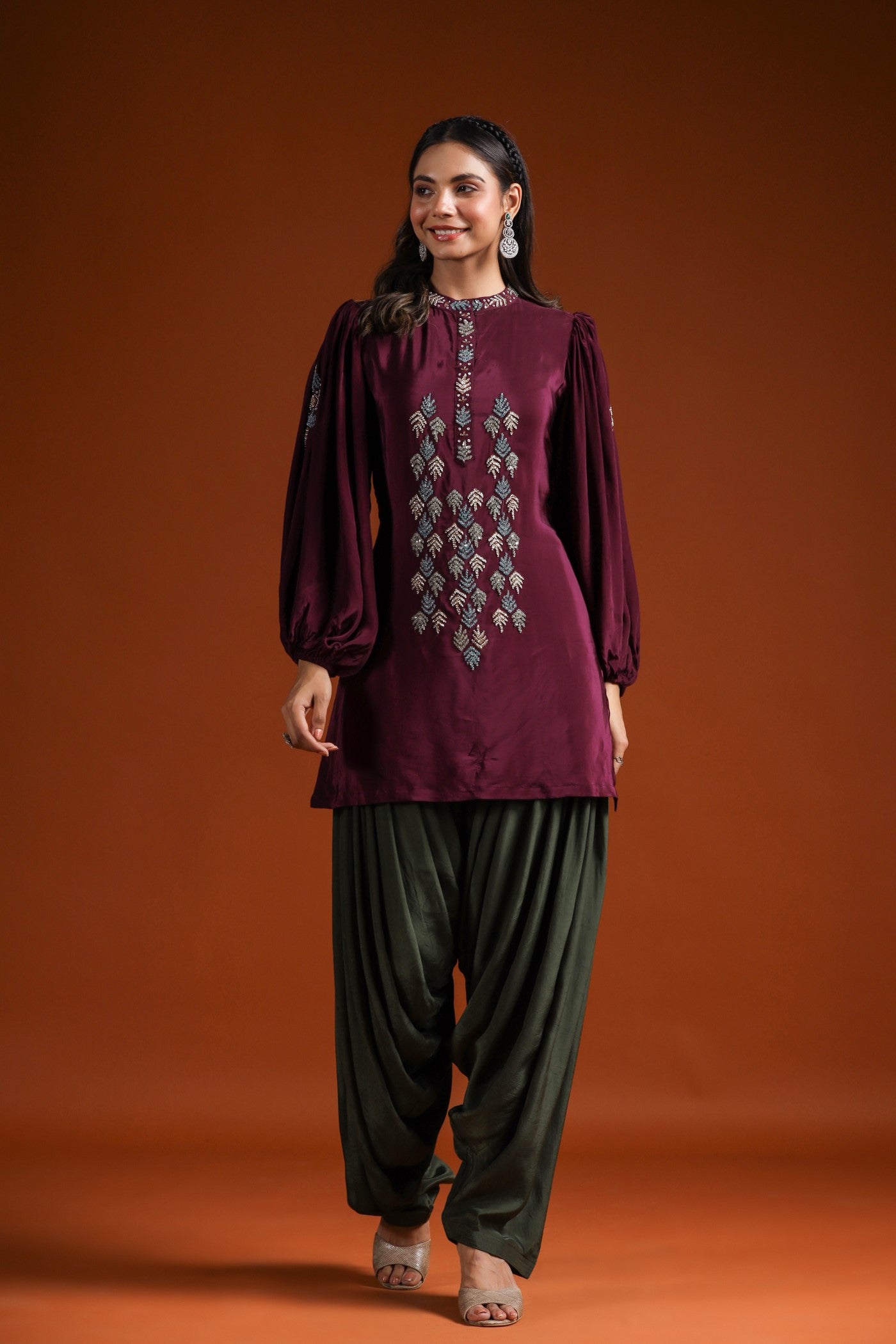 Wine Embellished Contrast Salwar Set