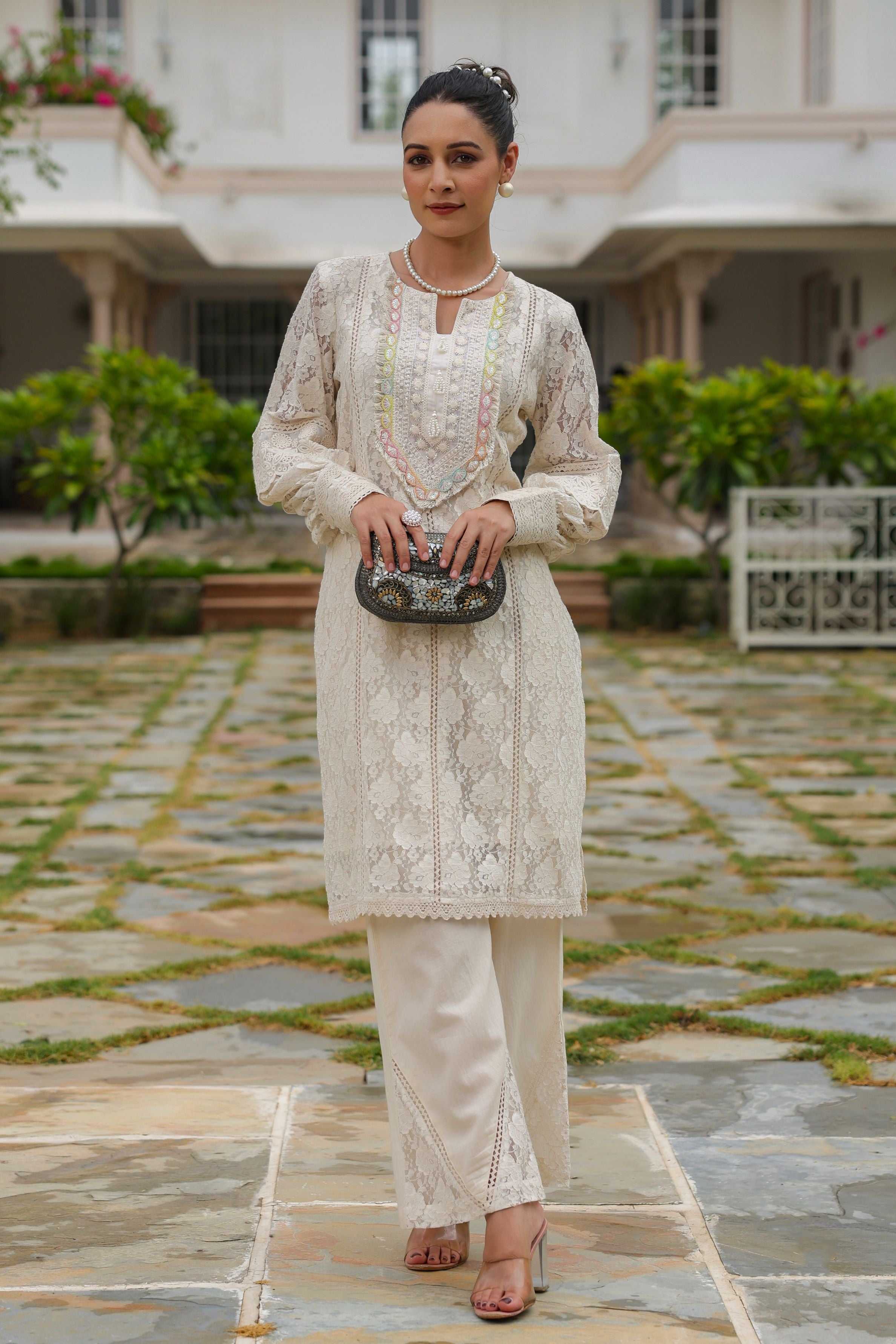 Pastel Cream Embroidered Belgium Net Palazzo Set