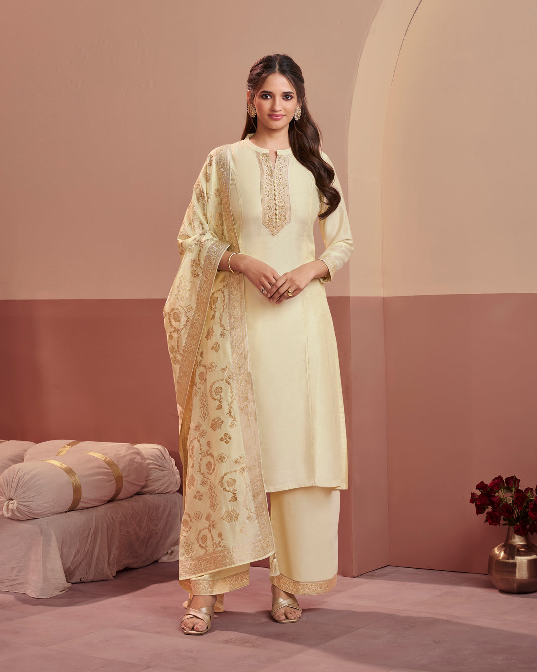 Champagne Royale Embellished Vichitra Silk Pant Set