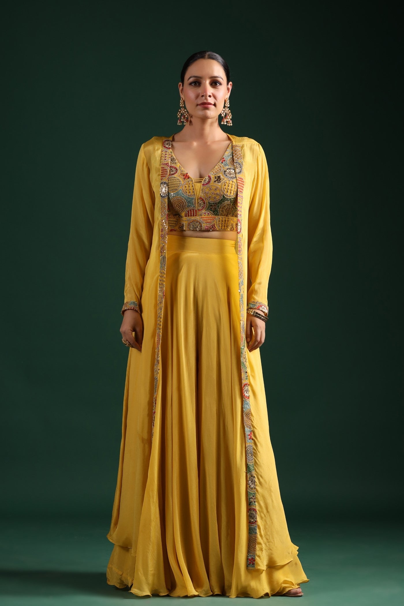 Festive Yellow Embroidered Cape Set