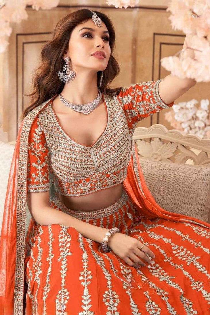 Orange Embellished Georgette Silk Lehenga Set