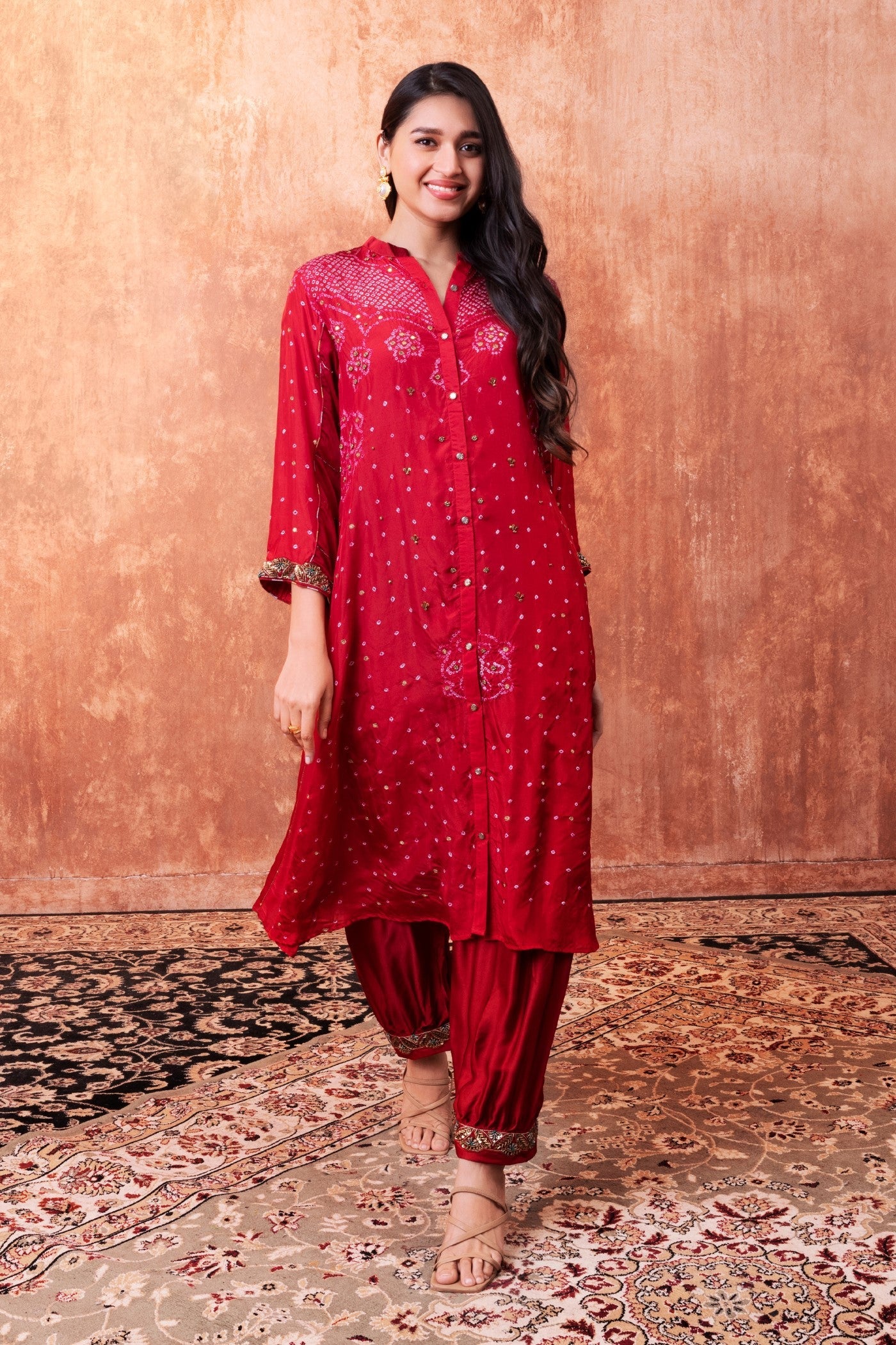 Red Bandhej Printed Embellished Kurta Set