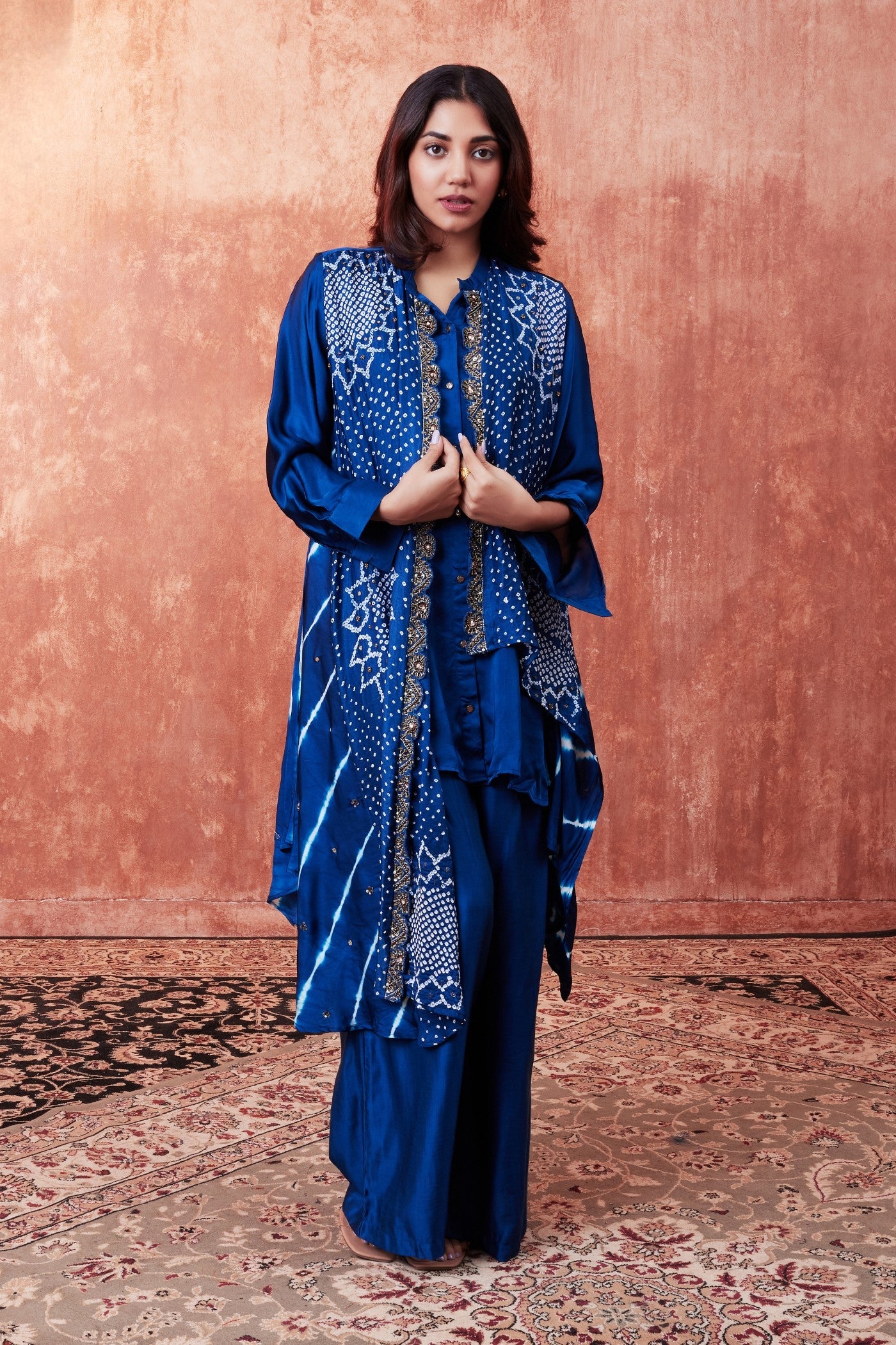 Blue Bandhej Printed Embellished Cape-Set