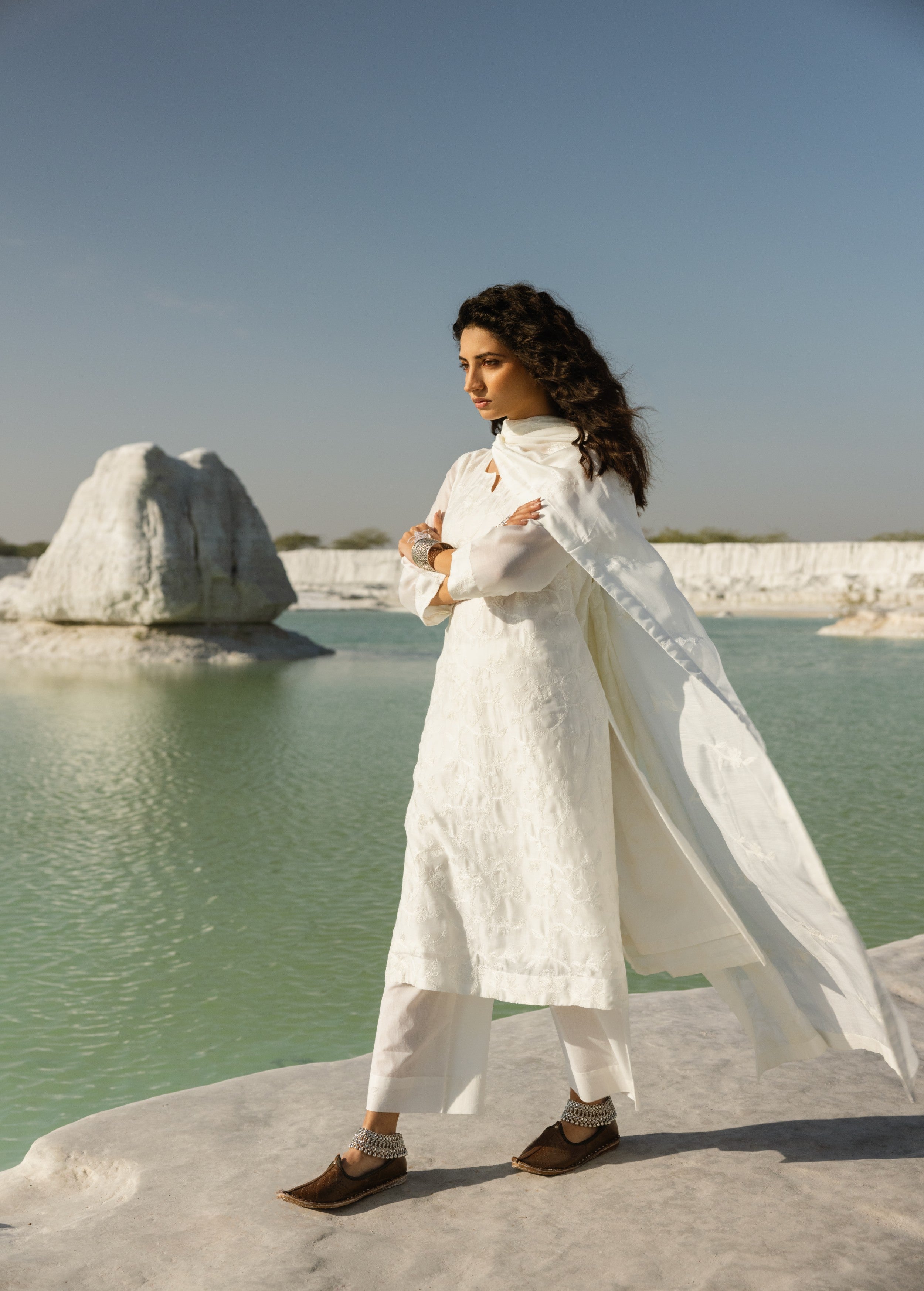 White Embroidered Mul-Chanderi Silk Pant Set