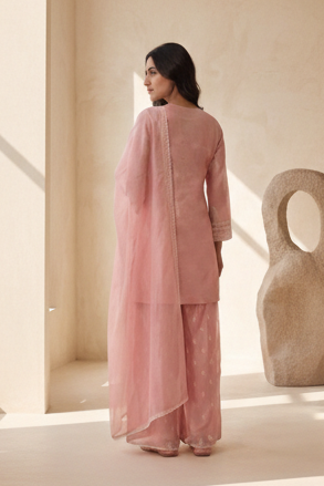 Pastel Pink Embroidered Mul-Chanderi Silk Suit Set
