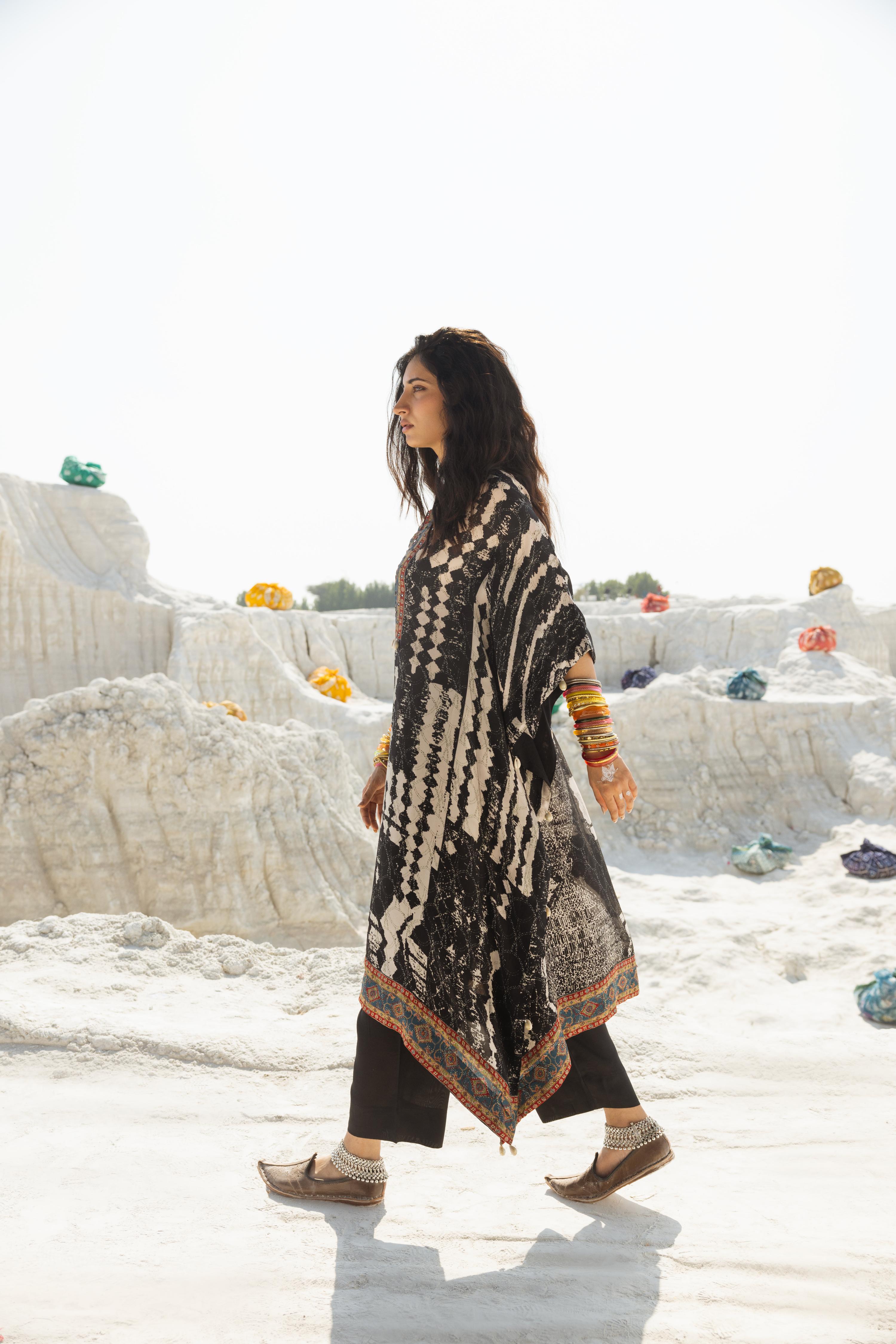 Charcoal Black Ikat Printed Muslin Silk Kaftan Set