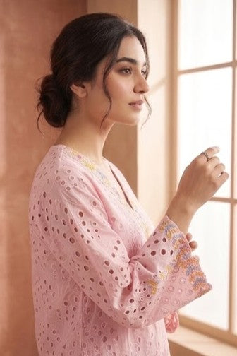 Pastel Pink Schiffli Embroidered Cotton Kurta Set