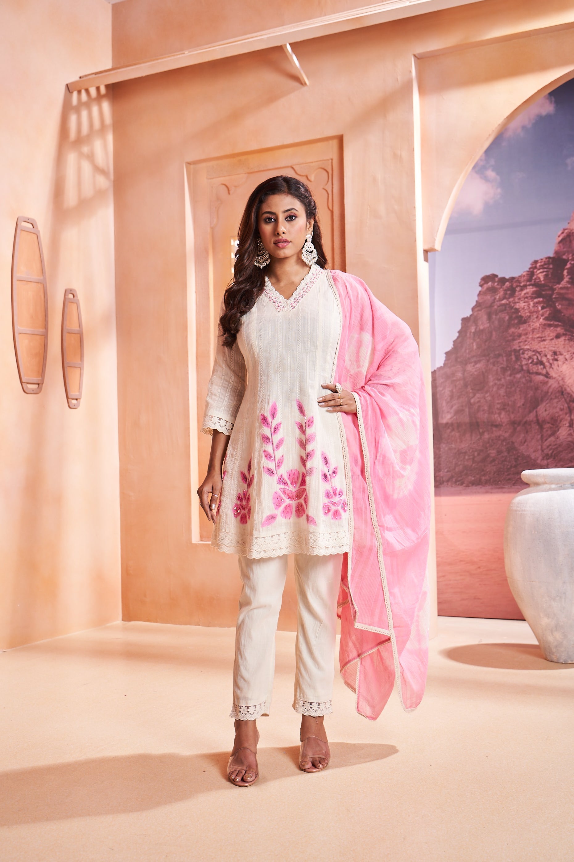 Ivory Pink Textured & Embroidered Cotton Silk Pants Set
