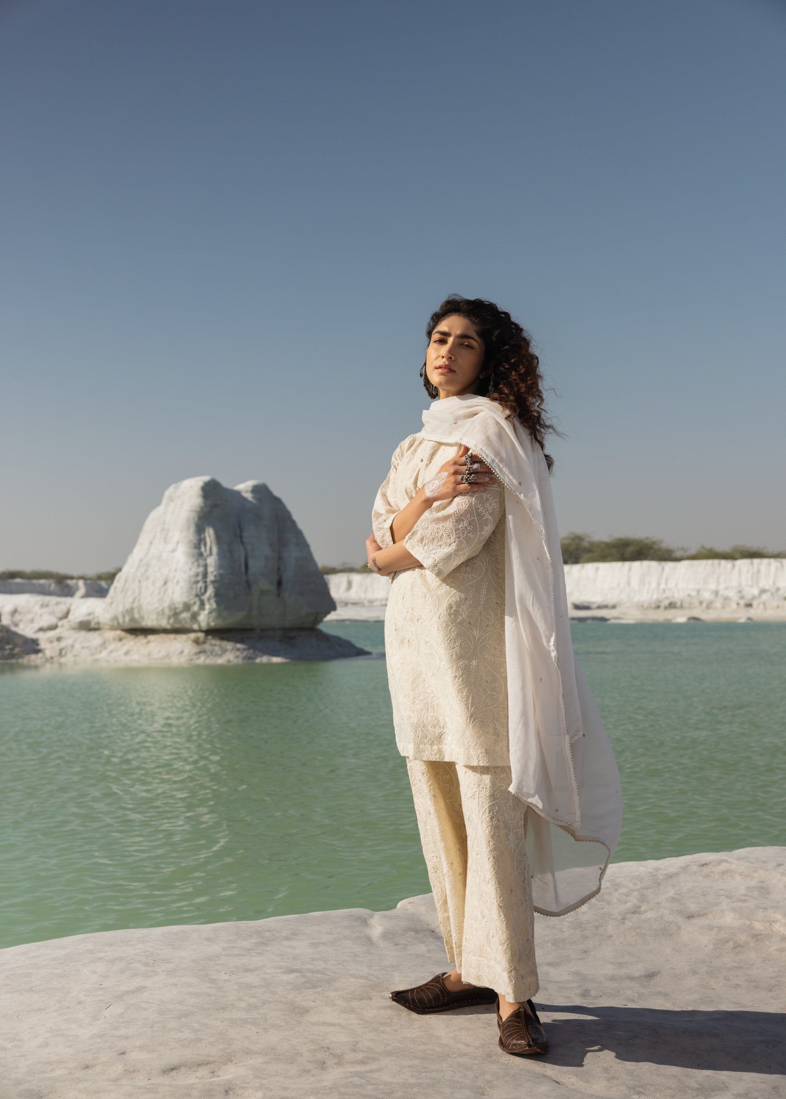 Off-White Embroidered Chanderi Silk Pant Set