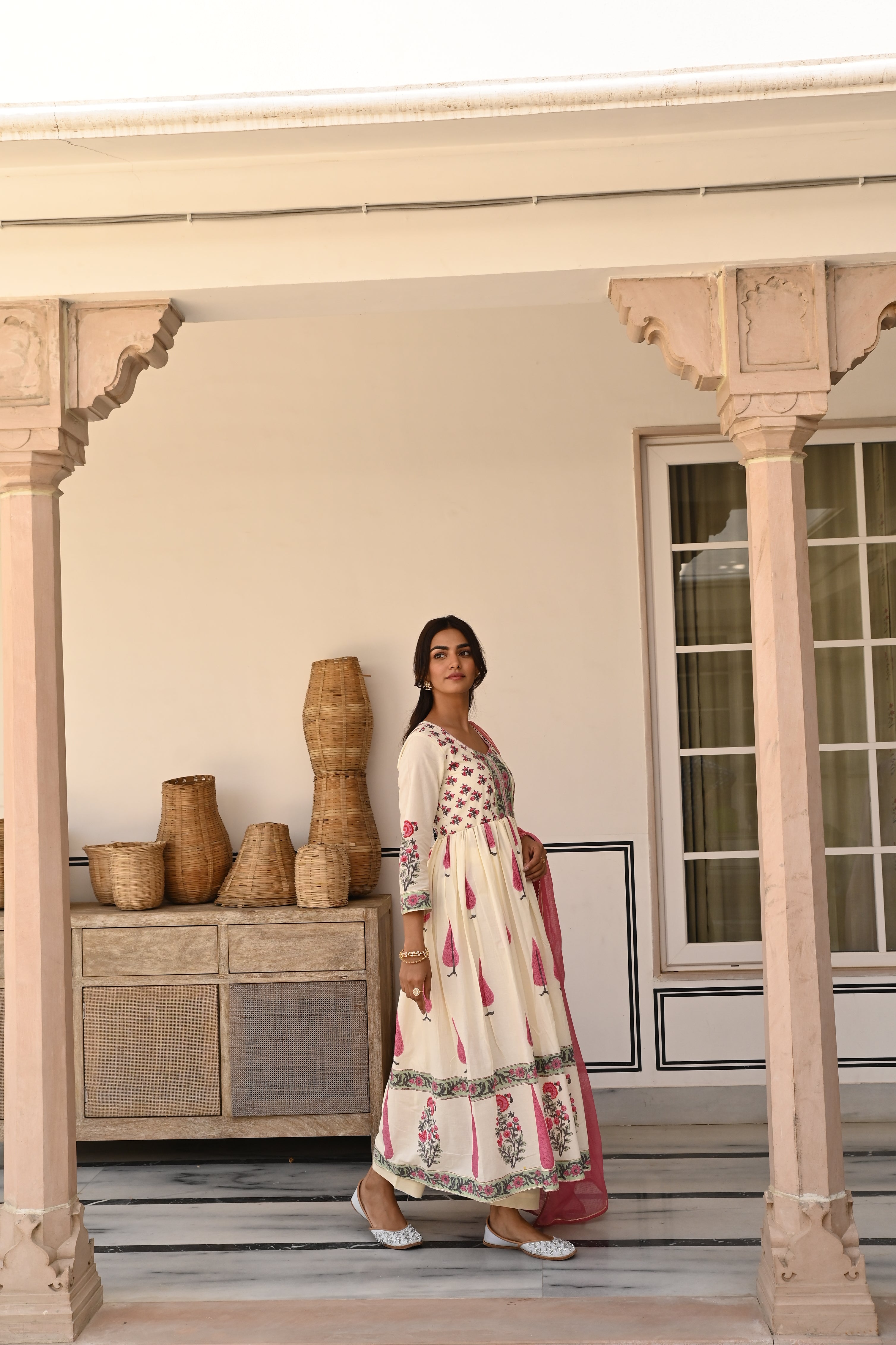 Rose Pink Printed Cotton Anarkali Set