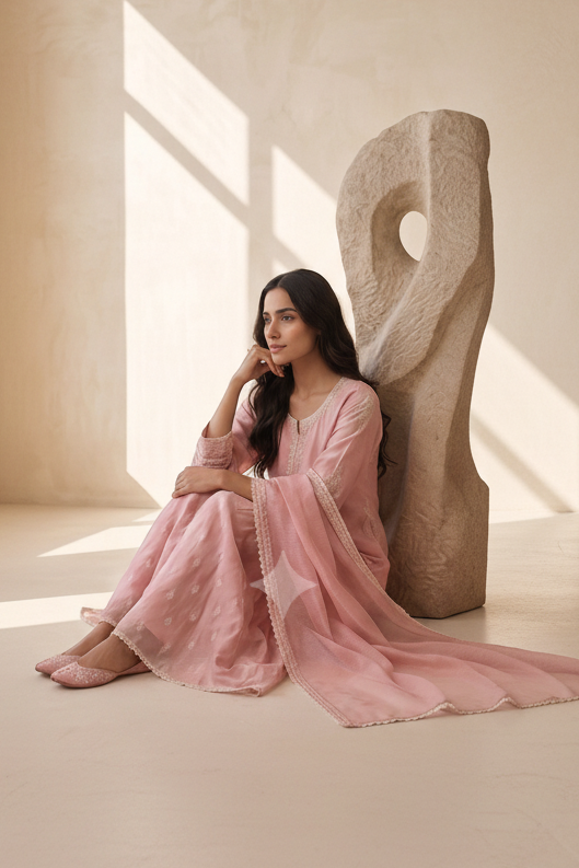 Pastel Pink Embroidered Mul-Chanderi Silk Suit Set